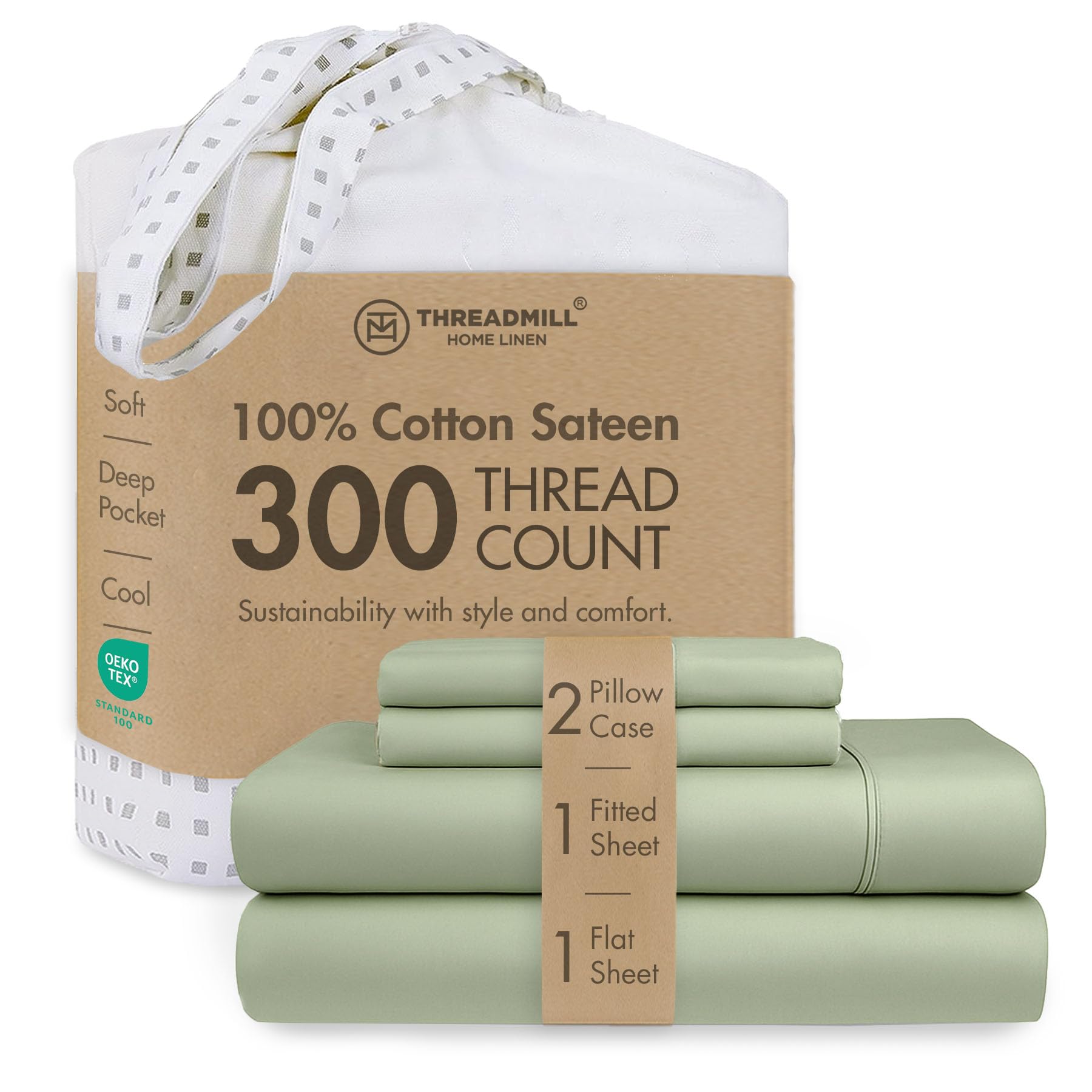 Threadmill Cotton Full Size Sheet set| 100% Cotton Sheets for Full Size Bed | Solid Sateen Full Bed Sheets Set with 16” Elasticized Deep Pocket | Soft Breathable 4-Piece Cooling Sheet Set | Sage Green