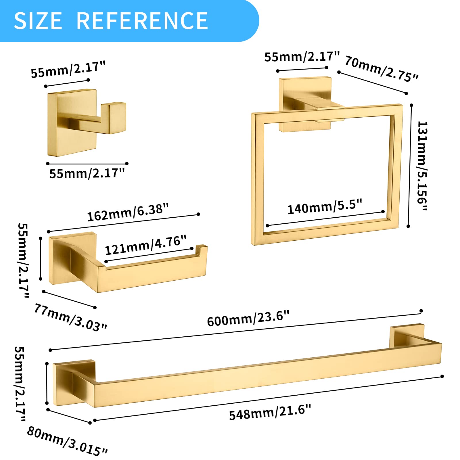 Durafe Brushed Gold Towel Bar Sets,5-Piece Bathroom Hardware Set 23.6 inch Towel Bar Wall Mount Modern Bathroom Accessories Include Towel Rack,Toilet Paper Holder,2*Robe Hook