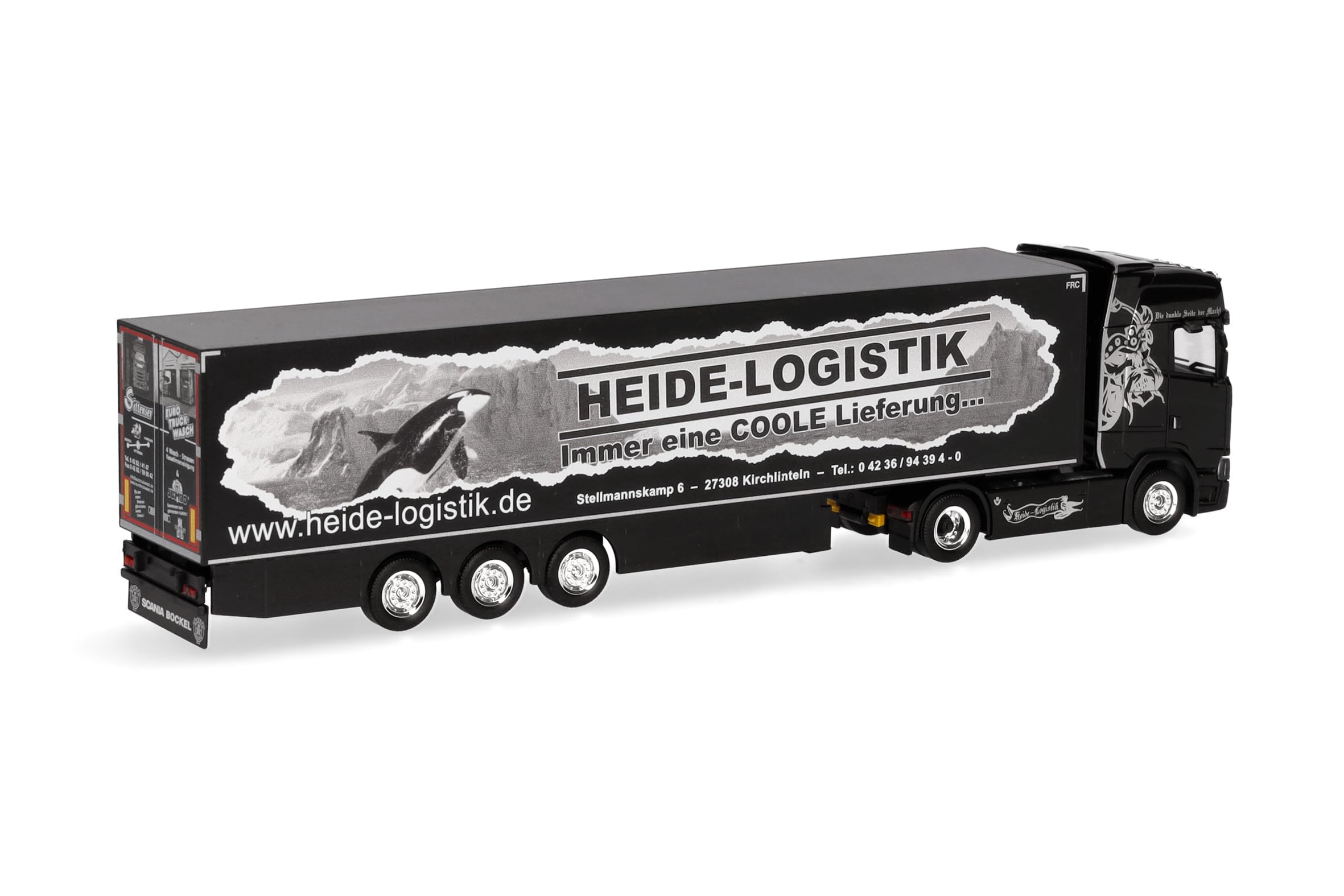 Herpa Model ciężarówki Scania CS 20 HD naczepa chłodnia "Heide Logistik", miniatura w skali 1:87, kolekcjonerski, Made in Germany, plastik