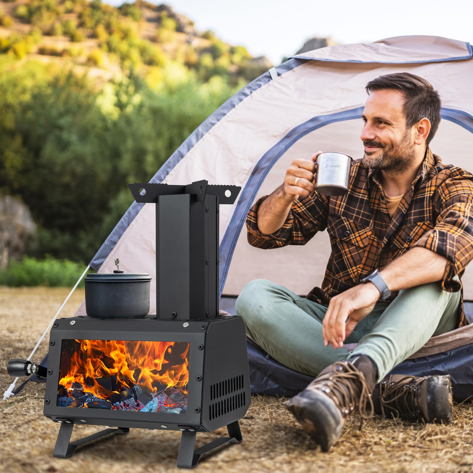 KOMFOTTEU Forno a legna con finestra visibile, forno a razzo portatile con 2 superfici di cottura, forno da tenda con cenerino e apertura di ventilazione, forno da campeggio 28,5 x 20 x 37 cm, per