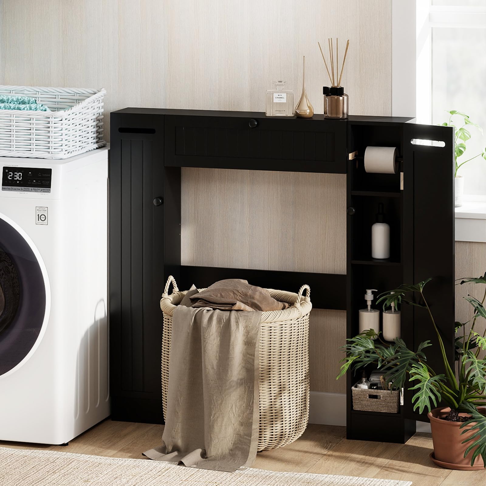 LIFEZEAL Petit Meuble de Rangement au dessu des Toilettes avec 2 Porte-Papier, Meuble sur WC avec Étagères Réglables et 6 Compartiments, Meuble de Salle de Bain en Bois (Noir, 89 x 19,5 x 99 cm)