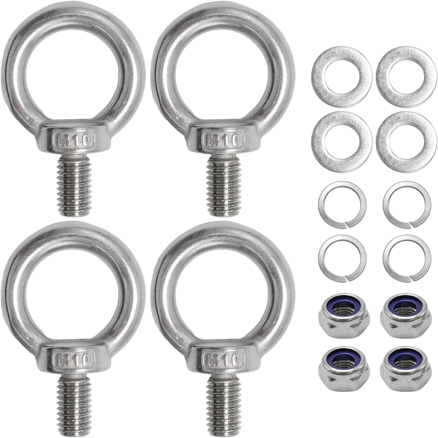 4 Sets M10 x 18mm Lifting Eye Bolt, 304 Stainless Steel with Hex Nut Gasket Washer, Male Thread Eye Bolt for Hanging Securing Chain Wire Rope