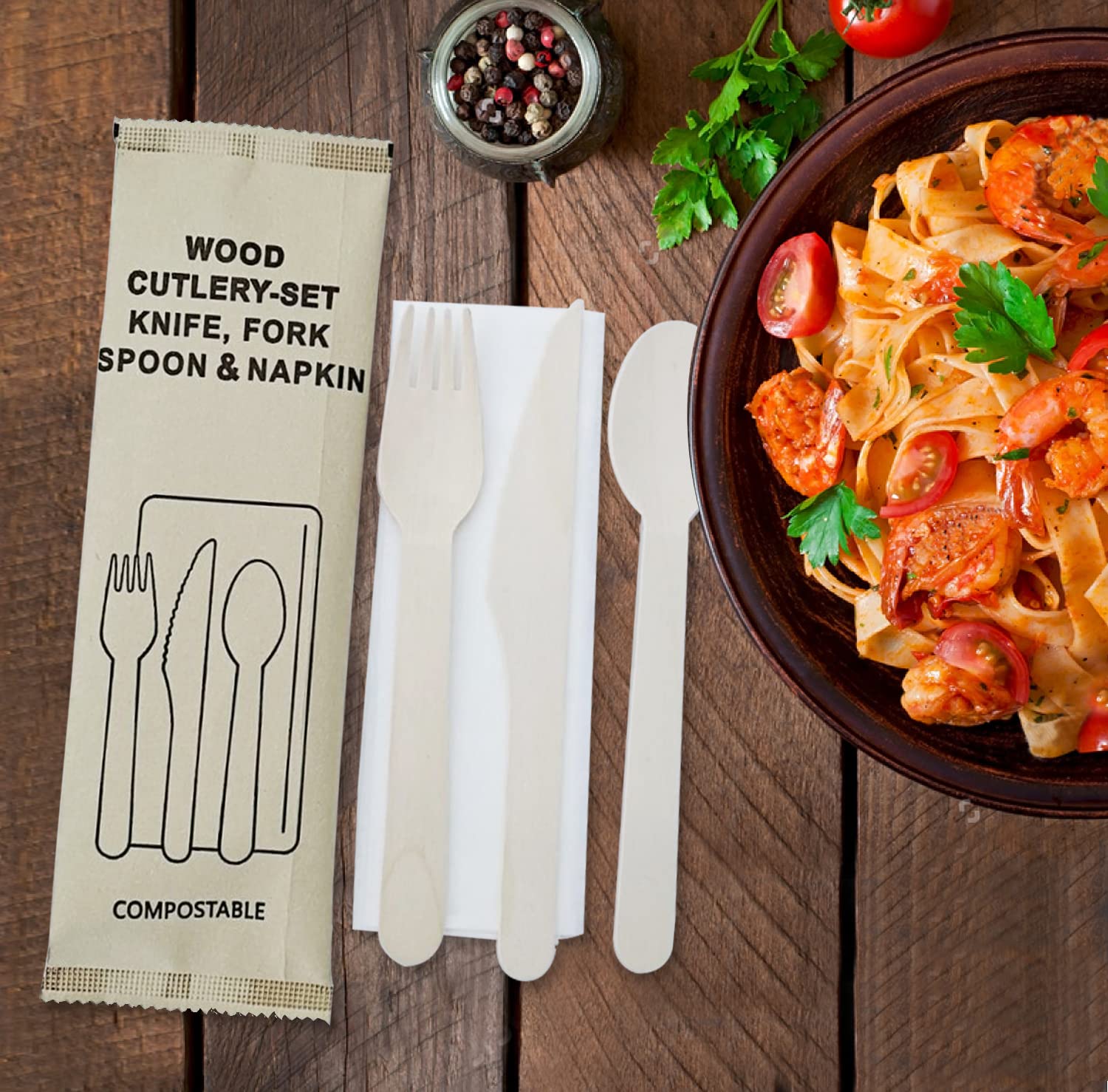 Wooden Cutlery Set, Pack of 90 Pieces (30 Sets), Disposable and Compostable Eco-Friendly Birchwood Utensils with Forks, Spoons and Napkins, 6.5” Wooden Silverware, For Party and Events