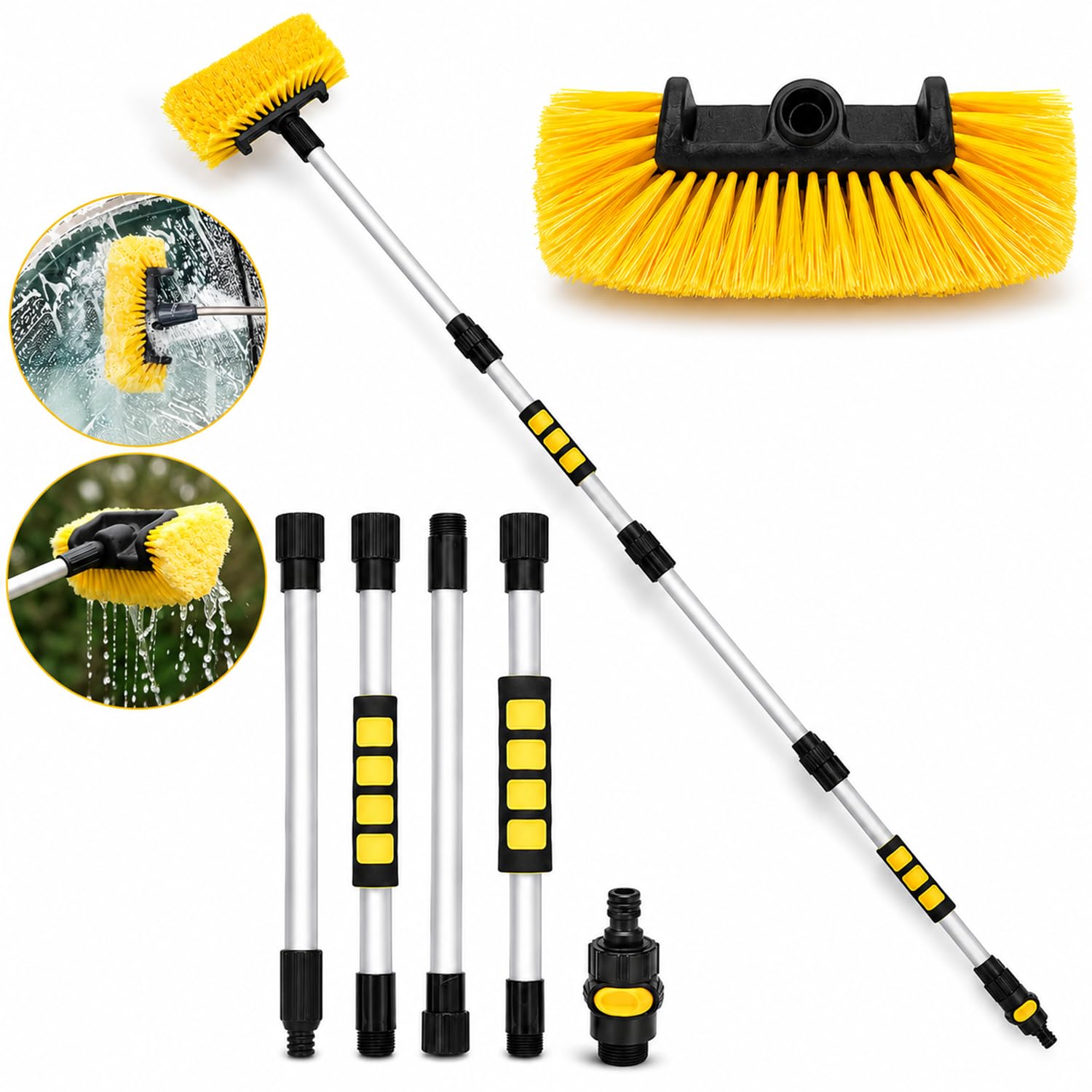 Car Wash Brush with Long Handle, Scratch-Free Ultra Soft PP Bristle Mop Head, Water Flow-Thru Car Washing Brush with Hose Attachment for Exterior Cleaning Brush for Cars, Vehicle, Solar Panels-image-20