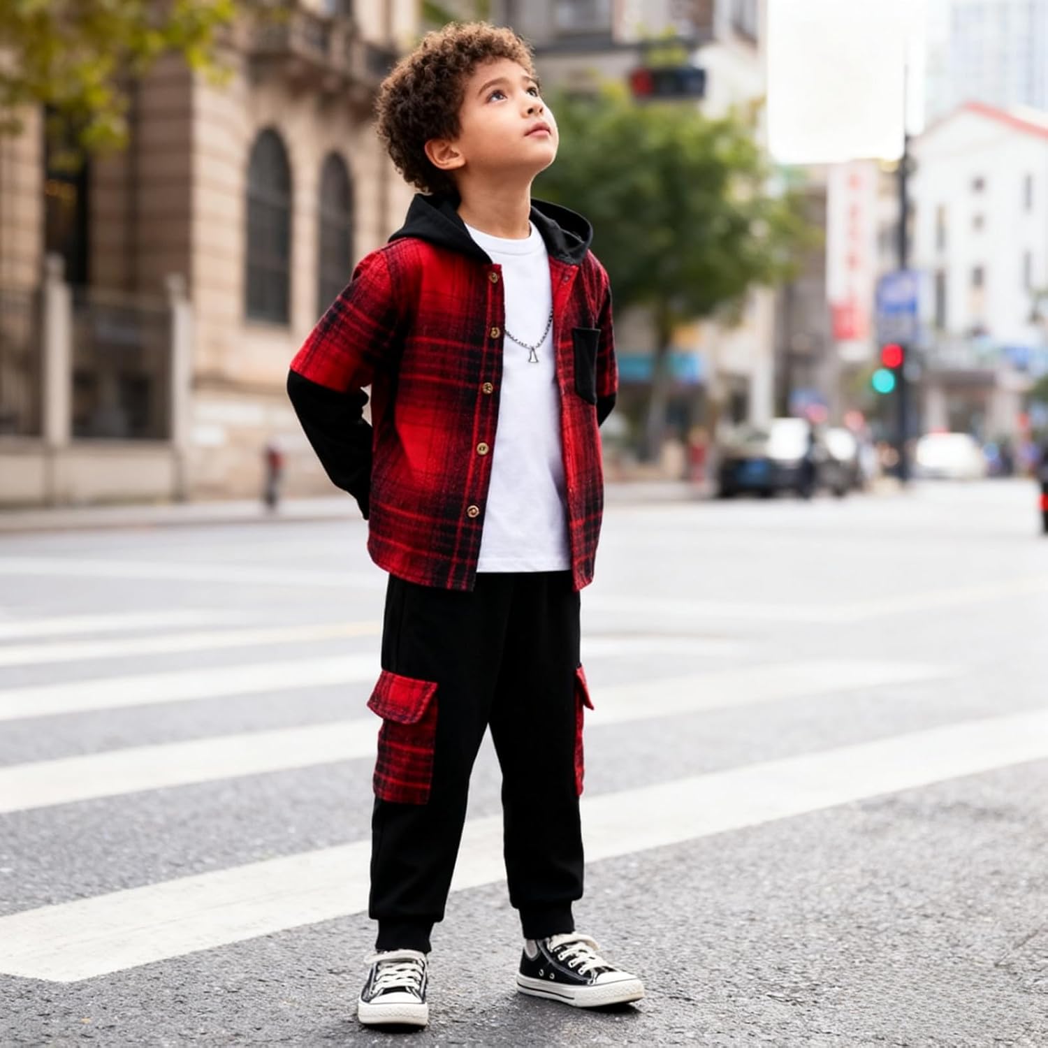 Size 4-11 Years Boys Clothes Flannel Plaid Shirt Hooded Sweatshirt & Pants 3PCS Kids Boys Fall Winter Outfits Sets - Image 5