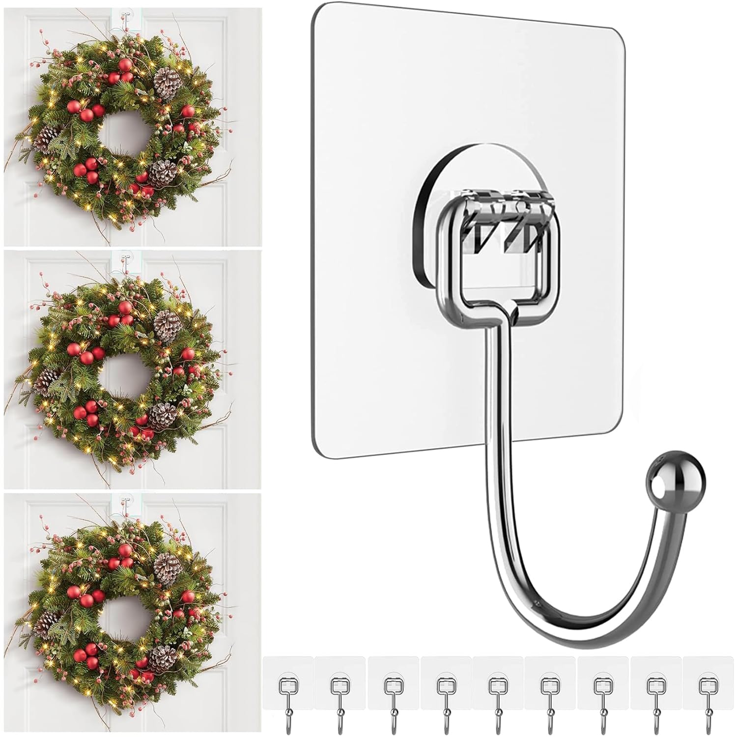 Big Wreath Hangers for Front Door Large Clear Wreath-Door-Hanger-Easter-Christmas-Halloween-Decorations 60lb Over-The-Door-Hooks Glass Door Adhesive Wall-Hooks for Hanging Wreath