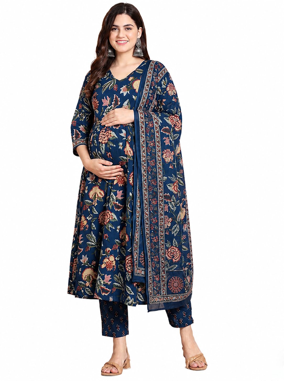 Women Viscose Rayon Anarkali Maternity and Nursing Kurta Set with Dupatta - Floral and Geometric Pattern, 3/4 Sleeves, Comfortable Fit-image-44