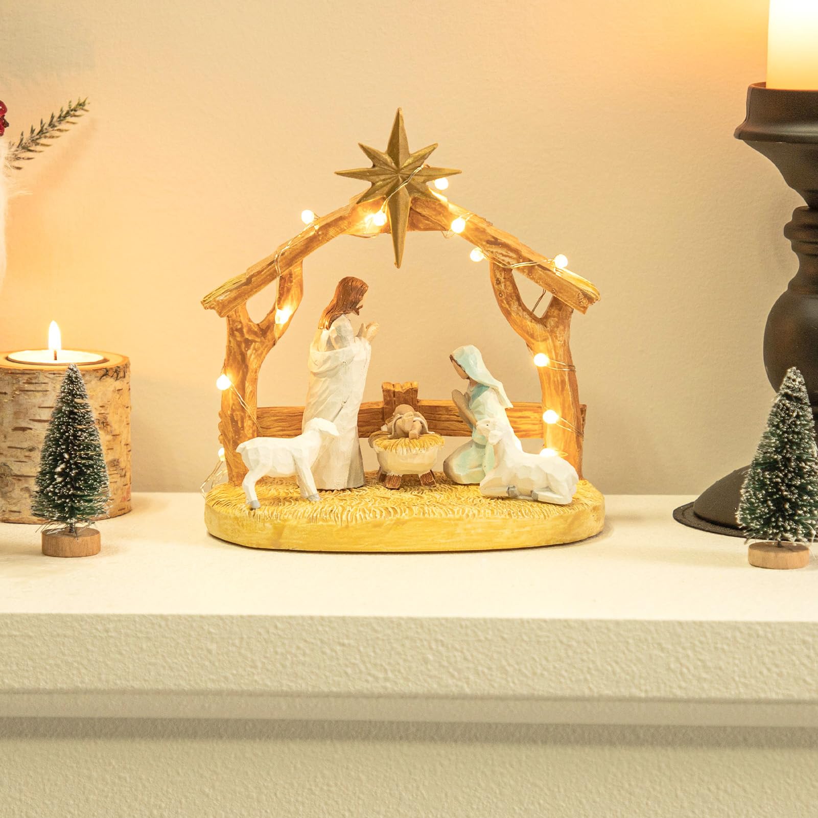 Nativity Scene with Lights, Sculpted Hand Painted Nativity Figurine, Holy Family Manger Scene Nativity Sets for Christmas Indoor Tabletop Decorations