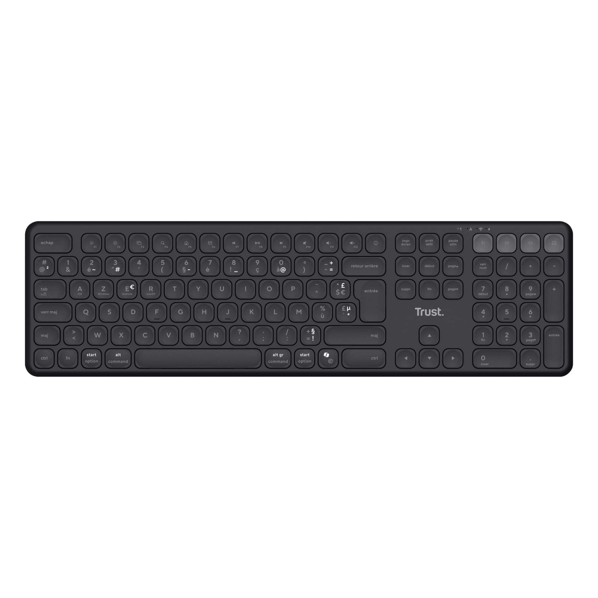 Trust Vaiya Clavier sans Fil Bluetooth + 2.4Gz AZERTY Français, Noir | Clavier Bluetooth Multi-appareils Rechargeable avec Pavé Numerique, 55% Plastique Recyclé, Windows iOS iPadOS Android