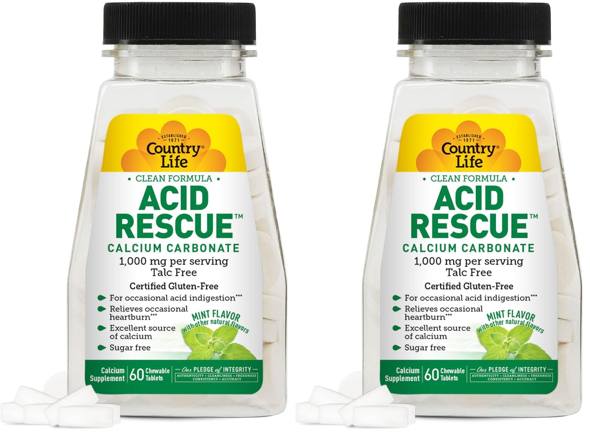 Country Life Acid Rescue Chewable Tablets - Certified Vegan &amp; Gluten-Free Heartburn Relief, 400mg Calcium &amp; Magnesium, Non-GMO, Sugar-Free Mint Flavor, Supports Bone Health, 60 Count (Pack of 2)