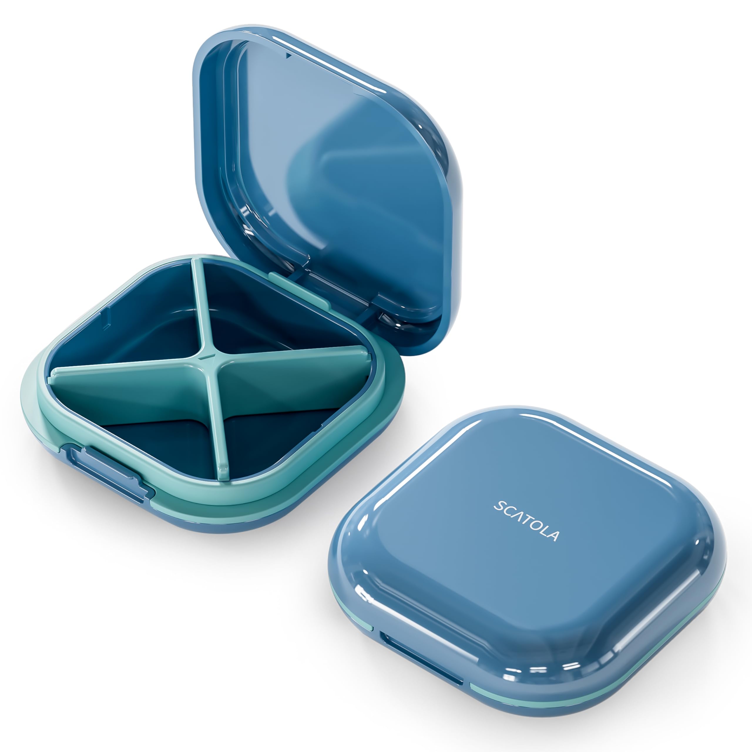 ONTERATESmall Pill Case, Travel Pill Box, Portable Pill Organizer, Pill Container for Pocket 4 Compartments, Daily Compact Travel Medicine Holder for Vitamins Medication (Blue)