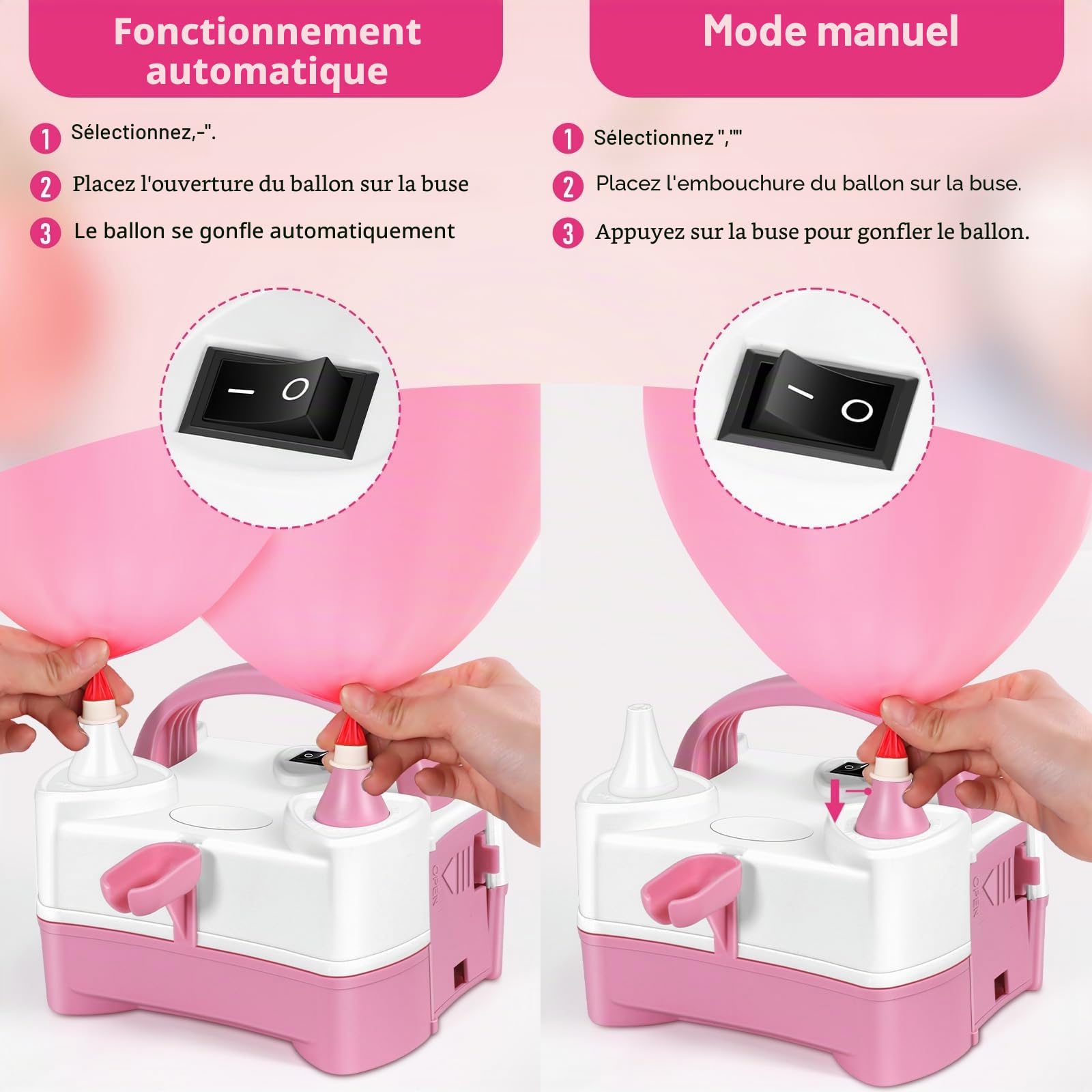 HELESIN Pompe à Ballons Électrique, Gonfleur Ballon Portable avec 4 Accessoires, Pompe à Air Electrique avec Gonfleur à Double Buse, Pompe Ballon d'anniversaire, Fête, Décoration de Noël