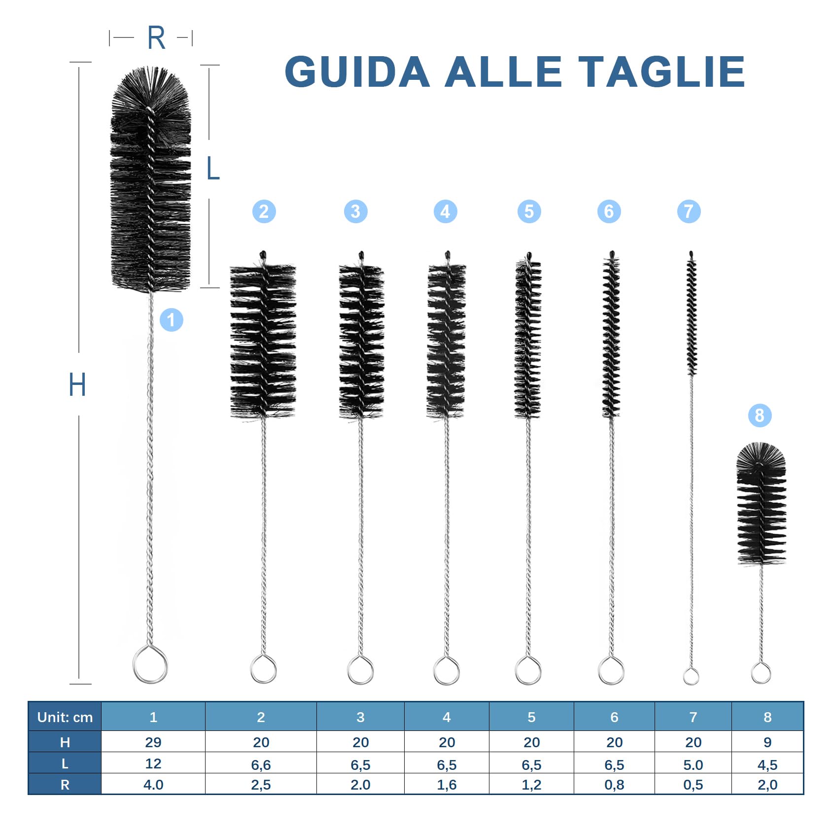 Spazzola Per Bottiglie, Set Di 8 Spazzolini In Nylon Per Cannucce E Tubi, Per Pulire Bottiglie A Collo Stretto, Biberon, Barattoli E Beccucci Di Teiera (Nero)