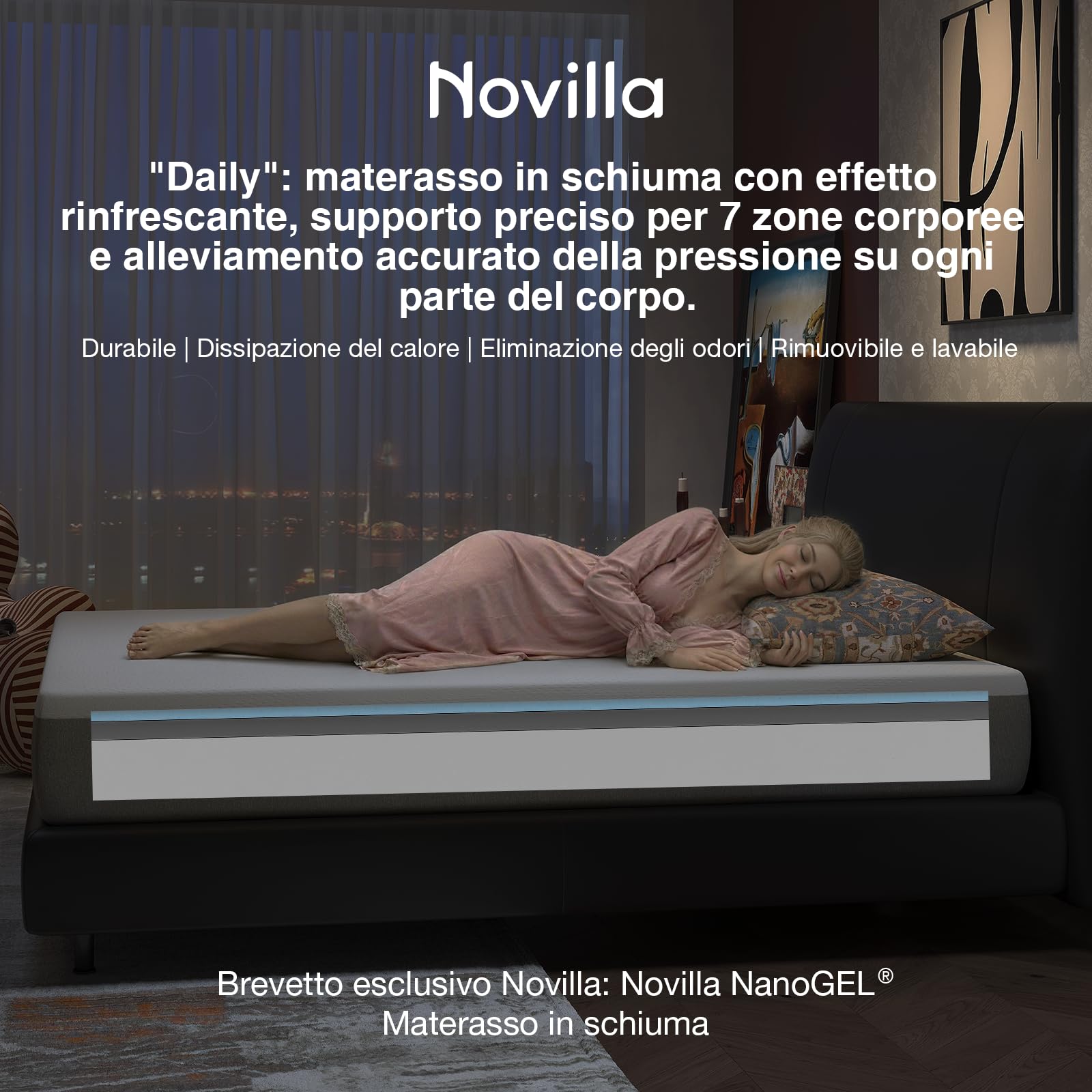 Novilla Materasso Matrimoniale 140x200cm Altezza 20cm - Gel Memory Foam & Fibra di Bambù, Traspirante con Sostegno 7 Zone, Coprimaterasso Lavabile 60℃, Certificato OEKO-TEX & CertiPUR-US