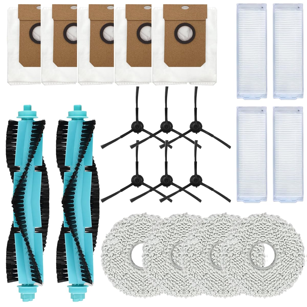 MIRTUX Pack de Accesorios Compatible con Robot Aspirador Cecotec Conga 11090 - Kit de Recambios Completos - Incluye 2 Cepillos Principales, 4 Filtros, 6 Cepillos Laterales, 4 Mopas y 5 Bolsas