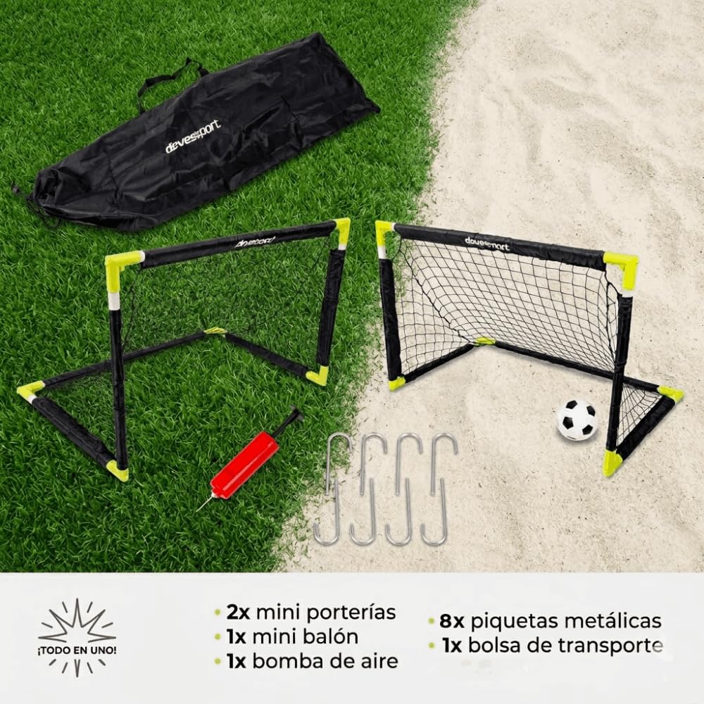 Devessport Set de 2 Mini Porterías de Fútbol para Niños, 90x60x60 cm | Incluye Balón, Inflador, Piquetas y Bolsa de Transporte | Porterías Plegables e Infantiles para Jardín, Exterior y Playa