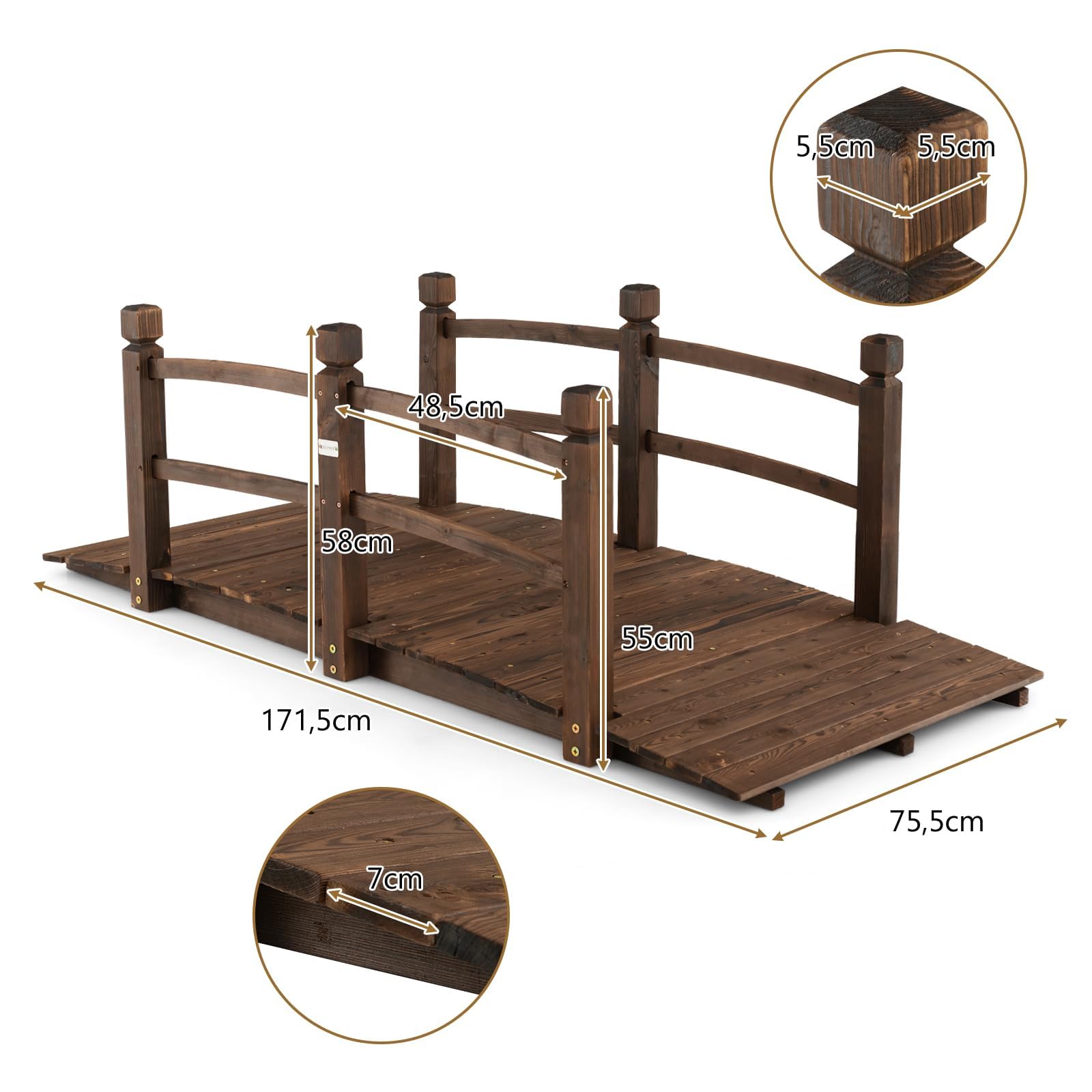 GOPLUS Holzbrücke, Gartenbrücke aus Tannenholz mit Geländer, Teichbrücke bis 150 kg belastbar, Dekorbrücke braun für Teich, Garten und Hof, 172×75×58,5 cm