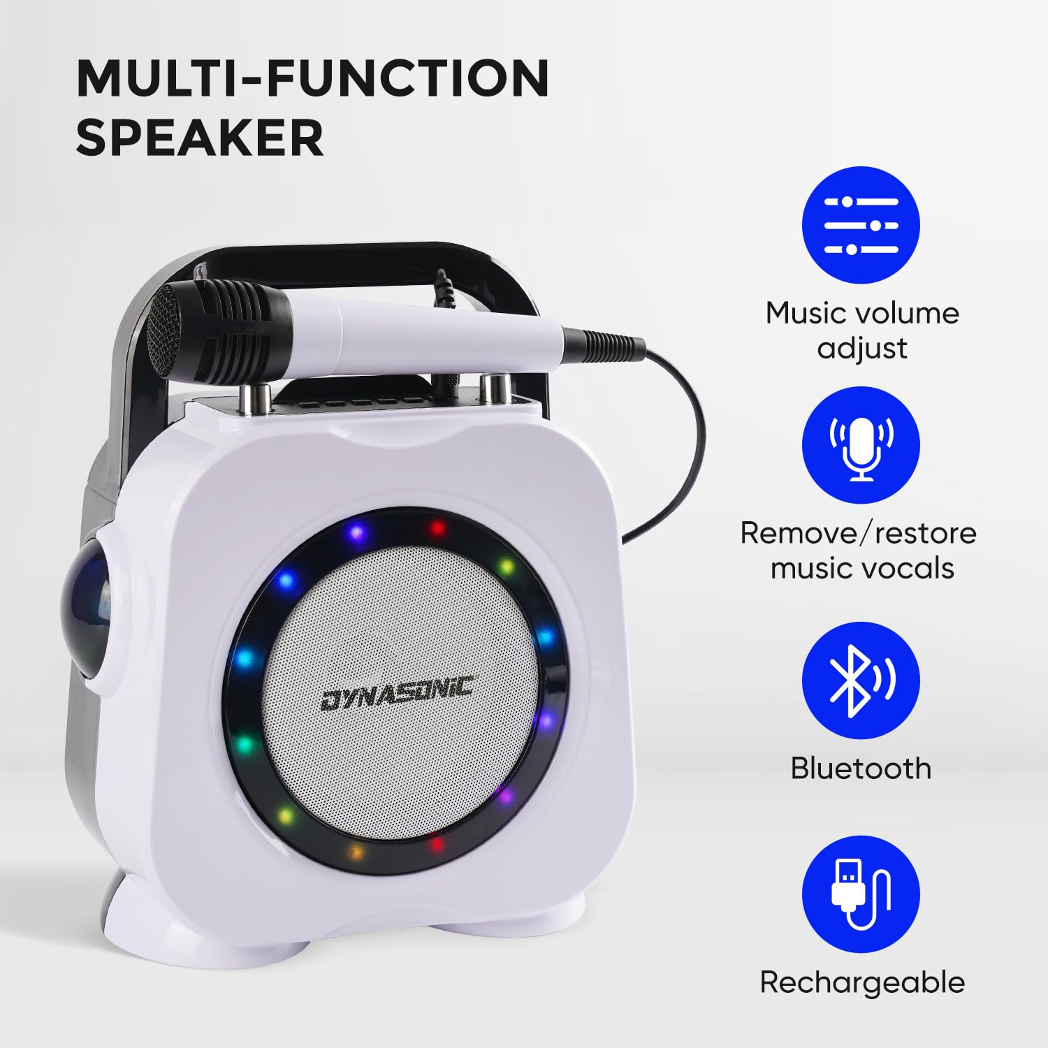 DYNASONIC Cassa Bluetooth senza fili con luci LED. Macchina per karaoke portatile con due microfoni. Regalo originale. Altoparlante (Dk-201 nero)