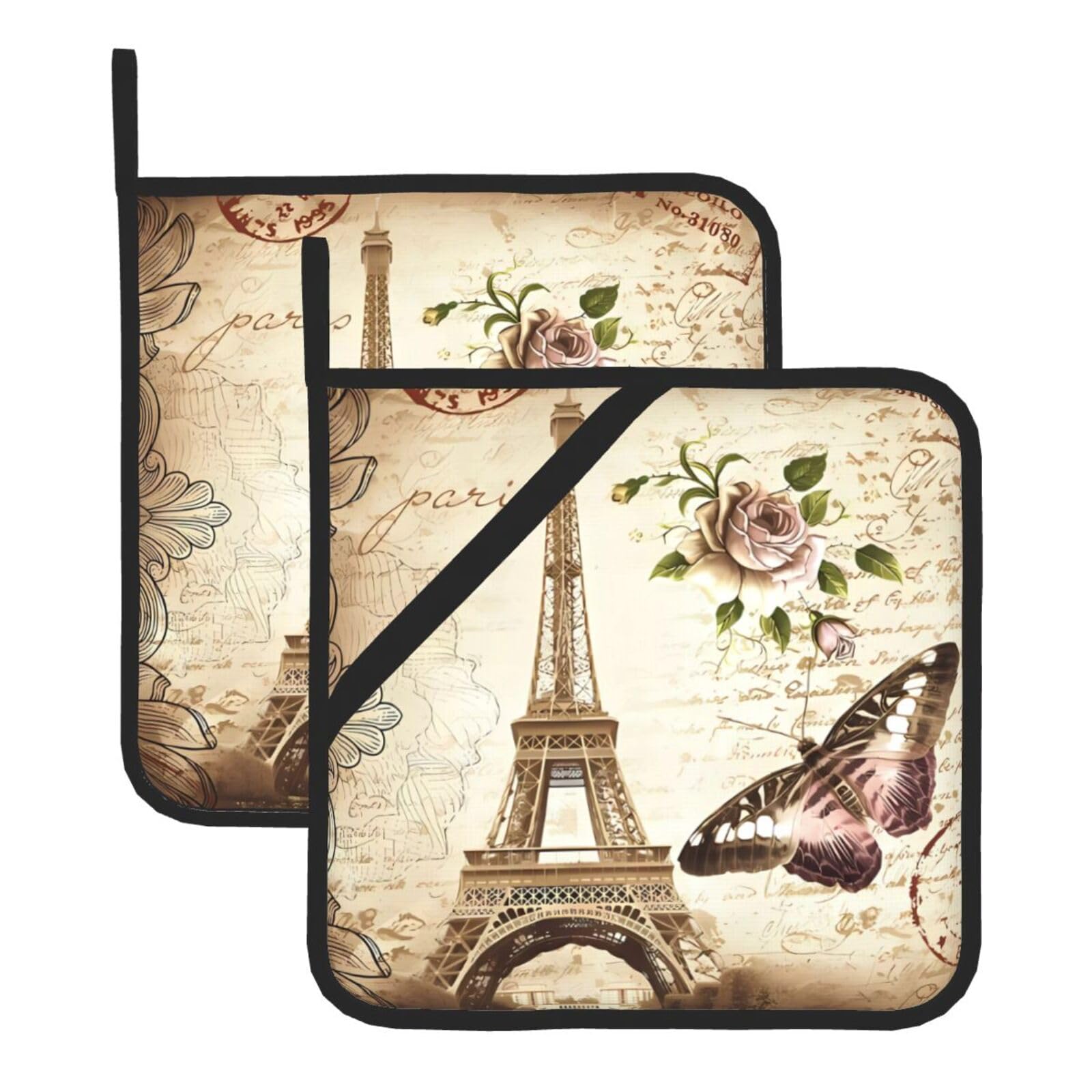 WHJSHOP Vintage Paris Eiffel Tower Butterfly Prints Square Pot Holders - Waterproof Heat Resistant Kitchen Throw Pads for Hot Bowls & Dishes, Durable Oven Mitt Layers with Hanging Loop - Set of 2