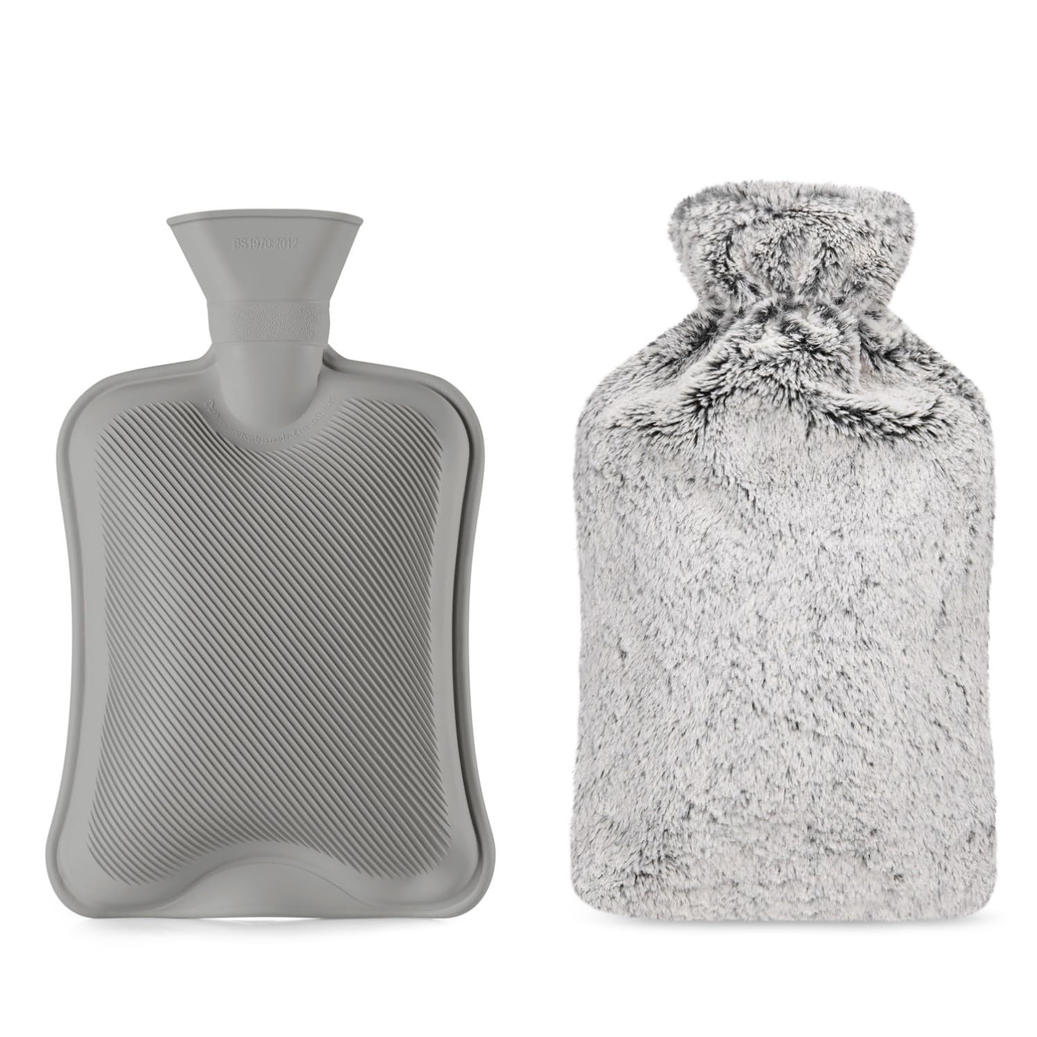 Blumtal Bouillotte Eau Chaude Premium avec Poche et Housse en Peluche Douce – Caoutchouc Naturel, Bouillotte pour Règles Douloureuses – Housse Douce, Gris