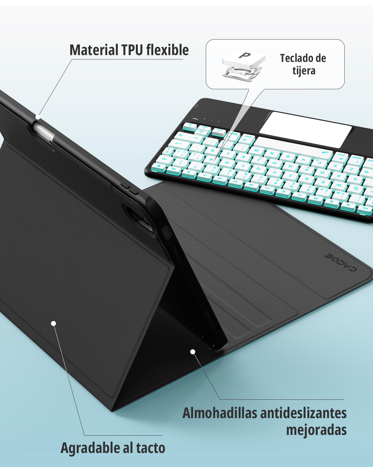 CACOE Funda Teclado para iPad Air 11 Pulgadas 2026/2025/2024 (M4/M3/M2) con Touchpad, Iluminación de 7 Colores, [Español] Teclado para iPad Air (8/7/6/5/4) Gen Magnético Desmontable, Negro