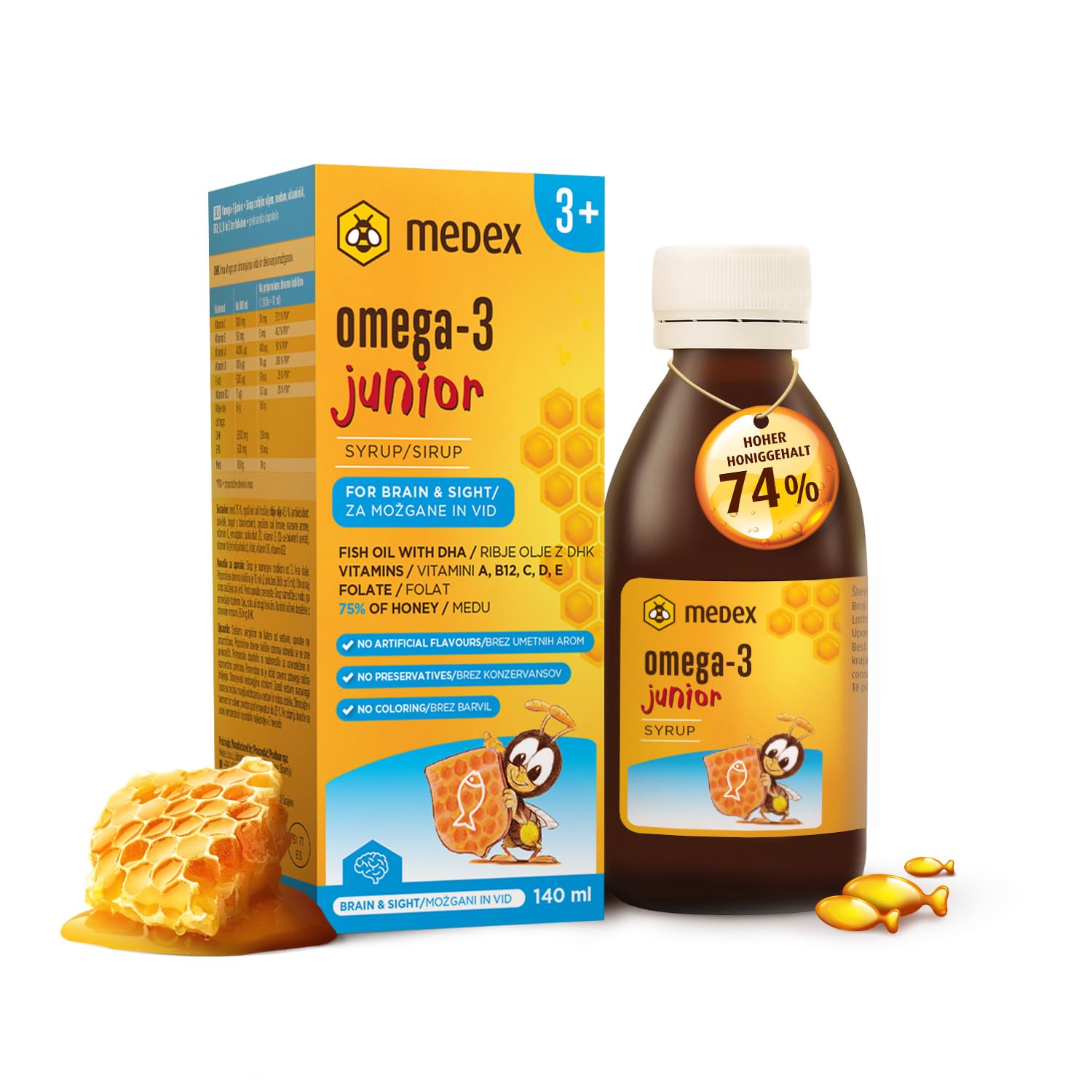 Medex Omega 3 Kinder Junior Sirup, 74% honigbasiert - 143 g Honig, ausgezeichneter Geschmack, 250 mg DHA, 50 mg EPA; zugesetzte Vitamine A, B12, C, D, E, Folsäure, ab 3 Jahren, 140 ml