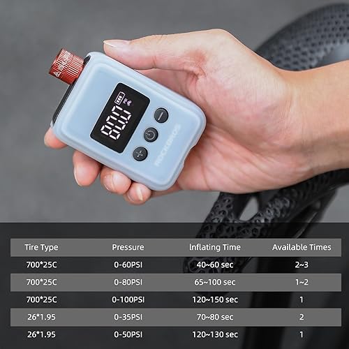 Miniatura 4 de ROCKBROS Mini bomba de bicicleta eléctrica portátil de 150 PSI con medidor de presión digital, inflador de neumáticos de bicicleta recargable de 500