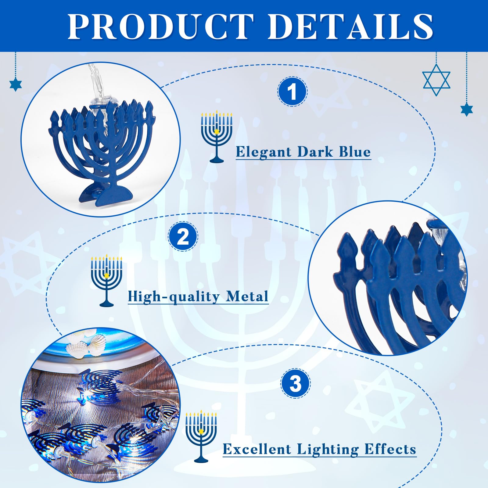 Baquler Lot De 4 Guirlandes Lumineuses De Hanoukka Pour Hanoucca - 3 M - 20 LED - Étoile De David - Fonctionne à Piles - Bleu - Pour Judaïsme Juif ( Menorah