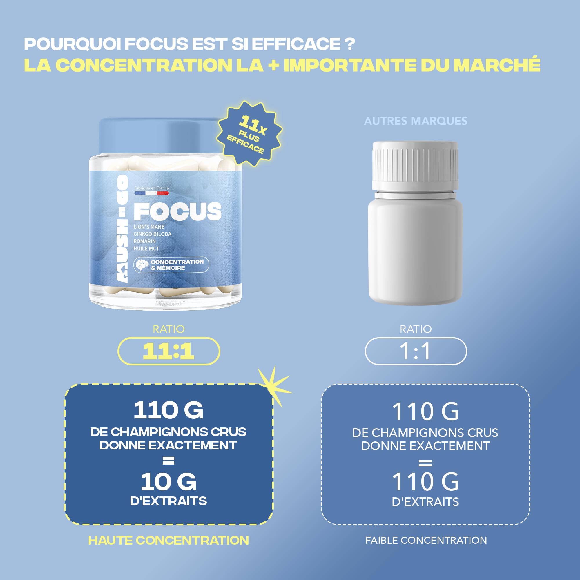 Focus Améliore Concentration & Clarté Mentale - Lion's Mane, Ginkgo Biloba, Romarin, Huile MCT - Fabriqué en France - Vitamines & Minéraux - Adaptogènes Naturels - Vegan, Sans Gluten