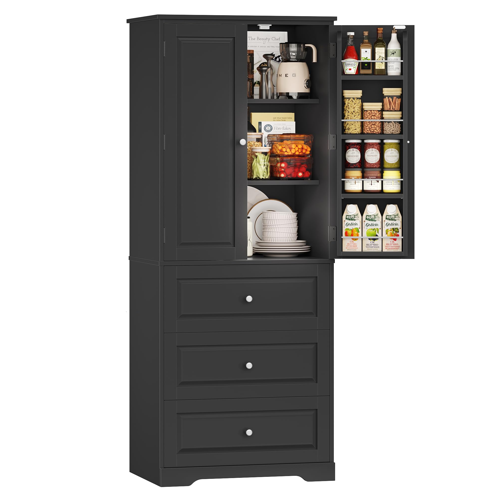 FOREHILL 150cm Credenza Cucina con 3 Cassetti, Dispensa Cucina con 8 Ripiani della Porta, Mobile Dispensa a 2 Ripiani Regolabili, per Sala da Pranzo, Soggiorno, 60x40x150 cm (Nero)