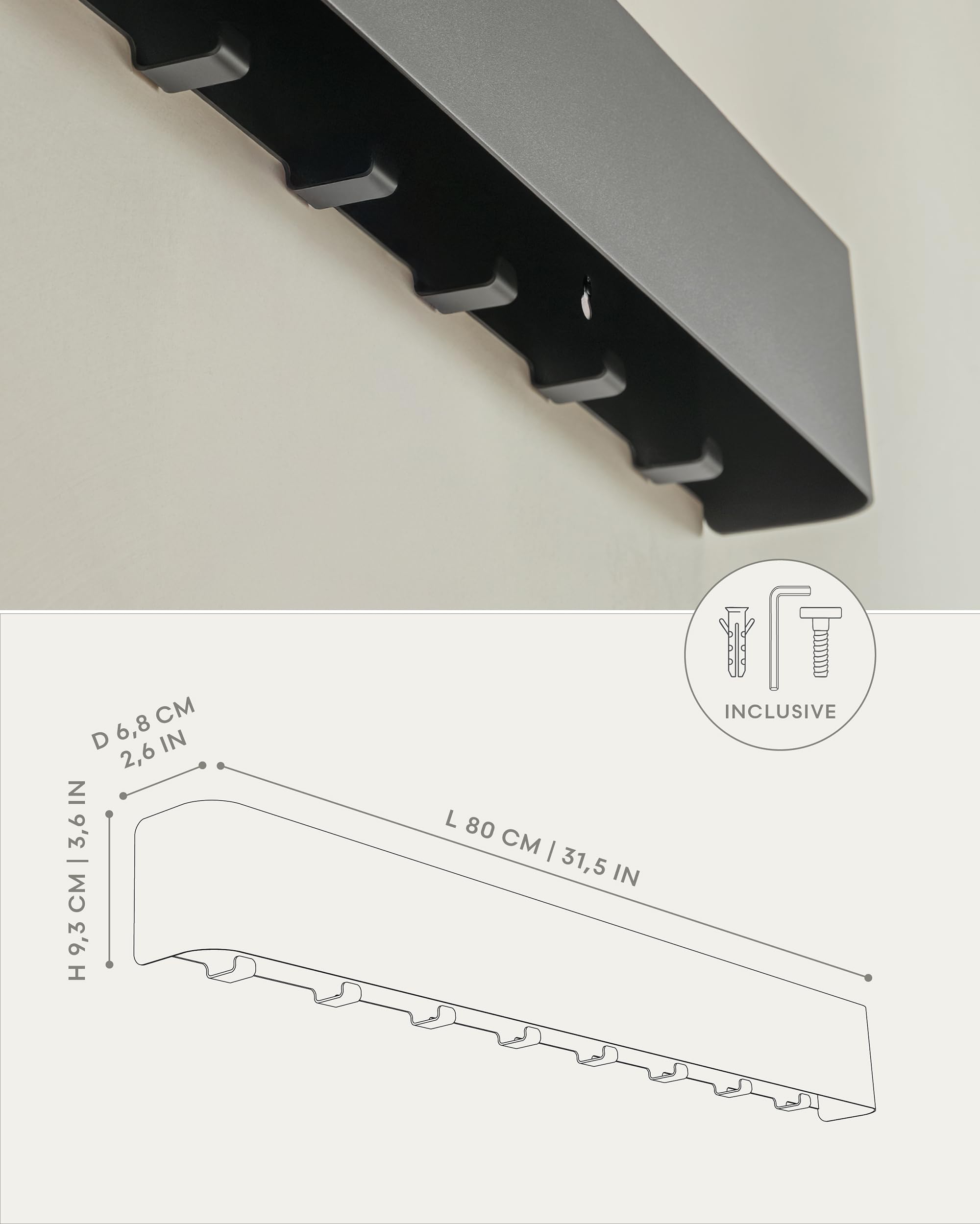 Kazai. Porte manteau mural design 'Tone' | Porte-manteau moderne avec crochets cachés et étagère murale | Patère en métal design pour entrée | Patère murale pour montage mural | Noir