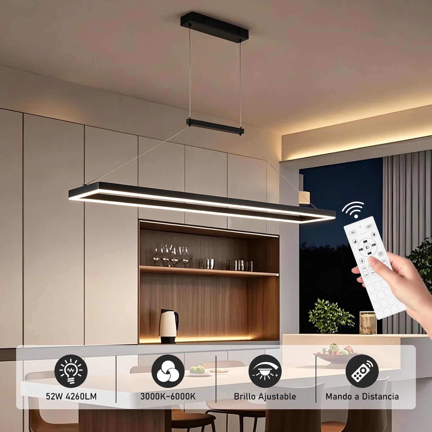 120CM LED Lámpara Colgante Mesa de Comedor, 52W Moderna Luz Colgante, Negro | Diseño Rectangular, Mando a Distancia y Memoria, Altura Regulable, Lámpara de Techo Colgante para Cocina, Comedor, Oficina