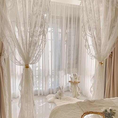 HM&DX Cortina vintage de encaje transparente con volantes, elegante cortina floral con bolsillo superior, bordada, elegante cortinas de ventana para