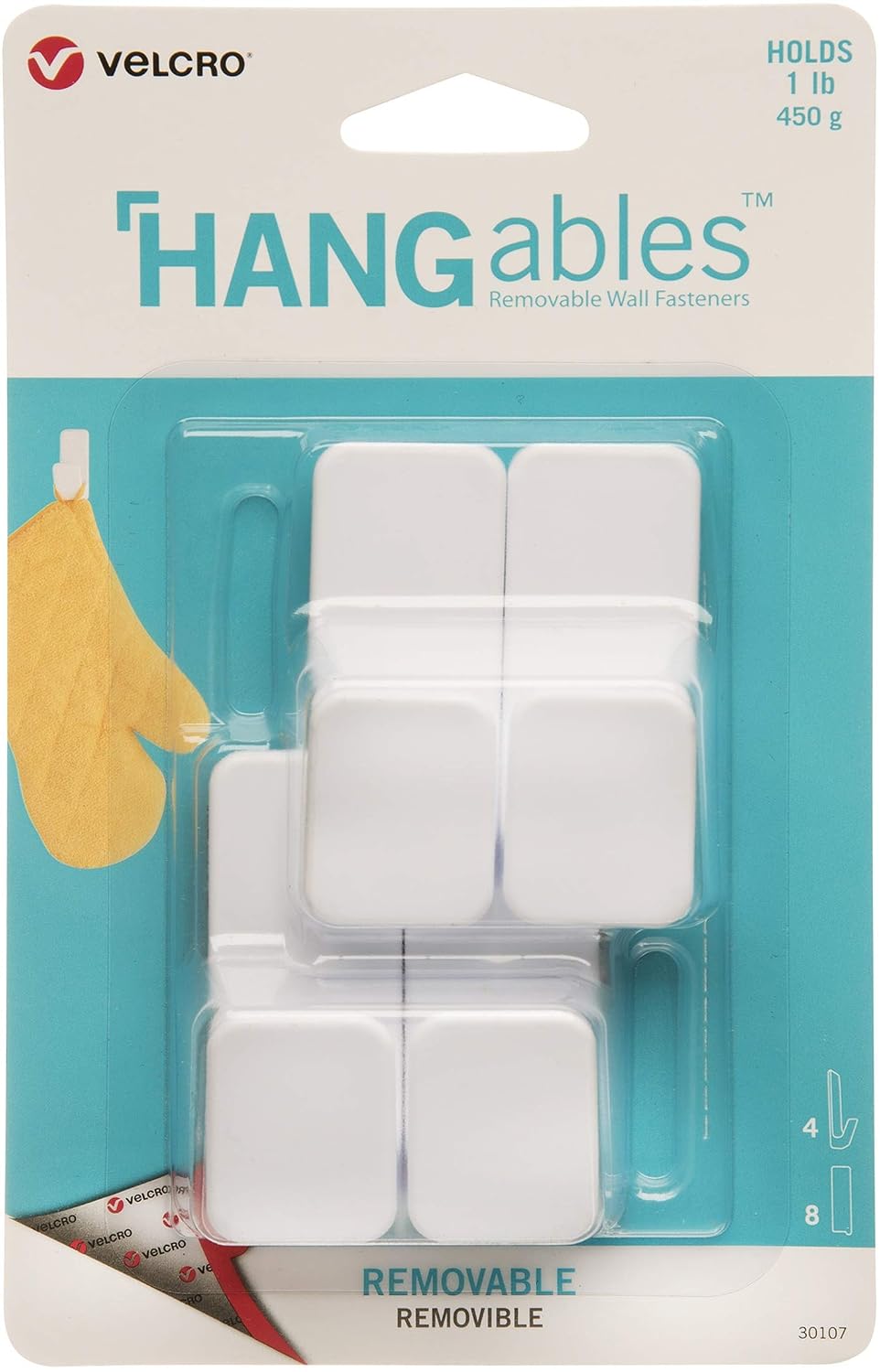 VELCRO Brand HANGables Removable Wall Hooks | Easy-to-Remove Wall Fasteners | Damage-Free, Non-Permanent Hooks for Lightweight Items | Small, Holds 1 lb., White, 4-Pack