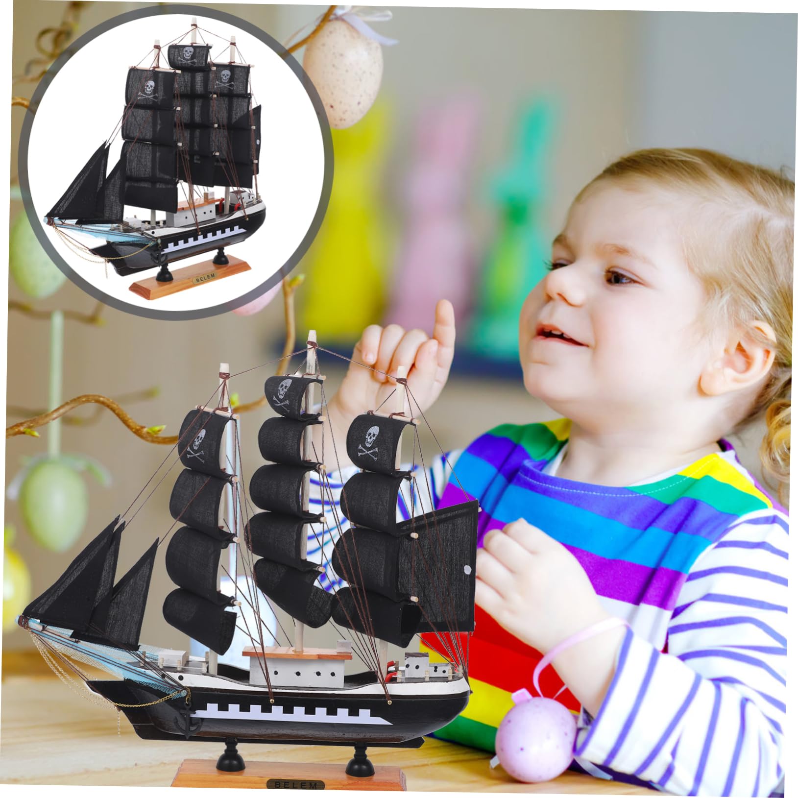 GALPADA Modello Nave Pirata in Legno Nero da 33cm per Ragazzo Ragazza
