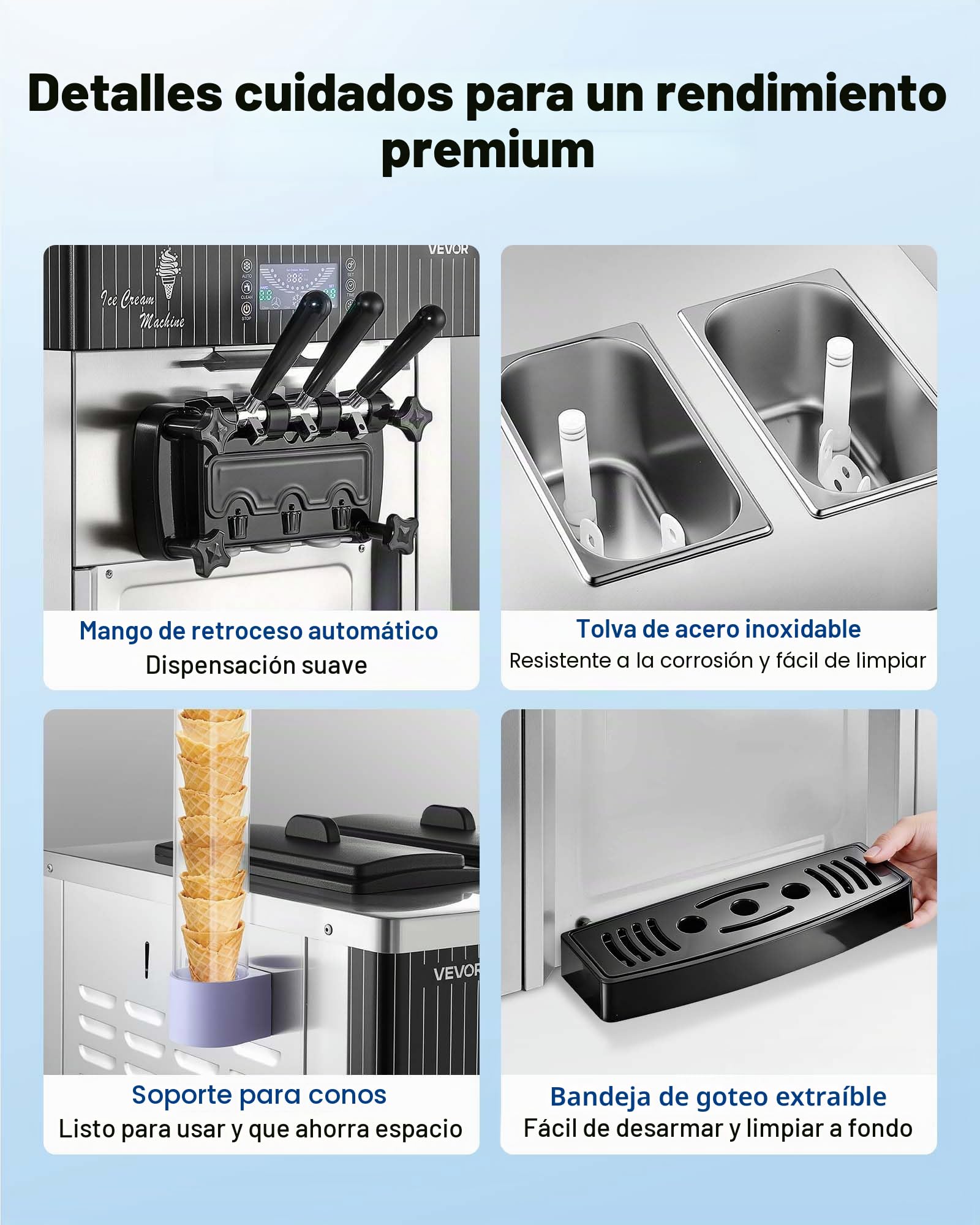 VEVOR Máquina de Helado Suave Comercial 3 Sabores 2200 W, Caudal de 20-28 L/h, Máquina para Hacer Helados Sobremesa con 2 Tolvas de 6 L, Agitación de Tolva, Preenfriado y Autolimpieza para Tiendas