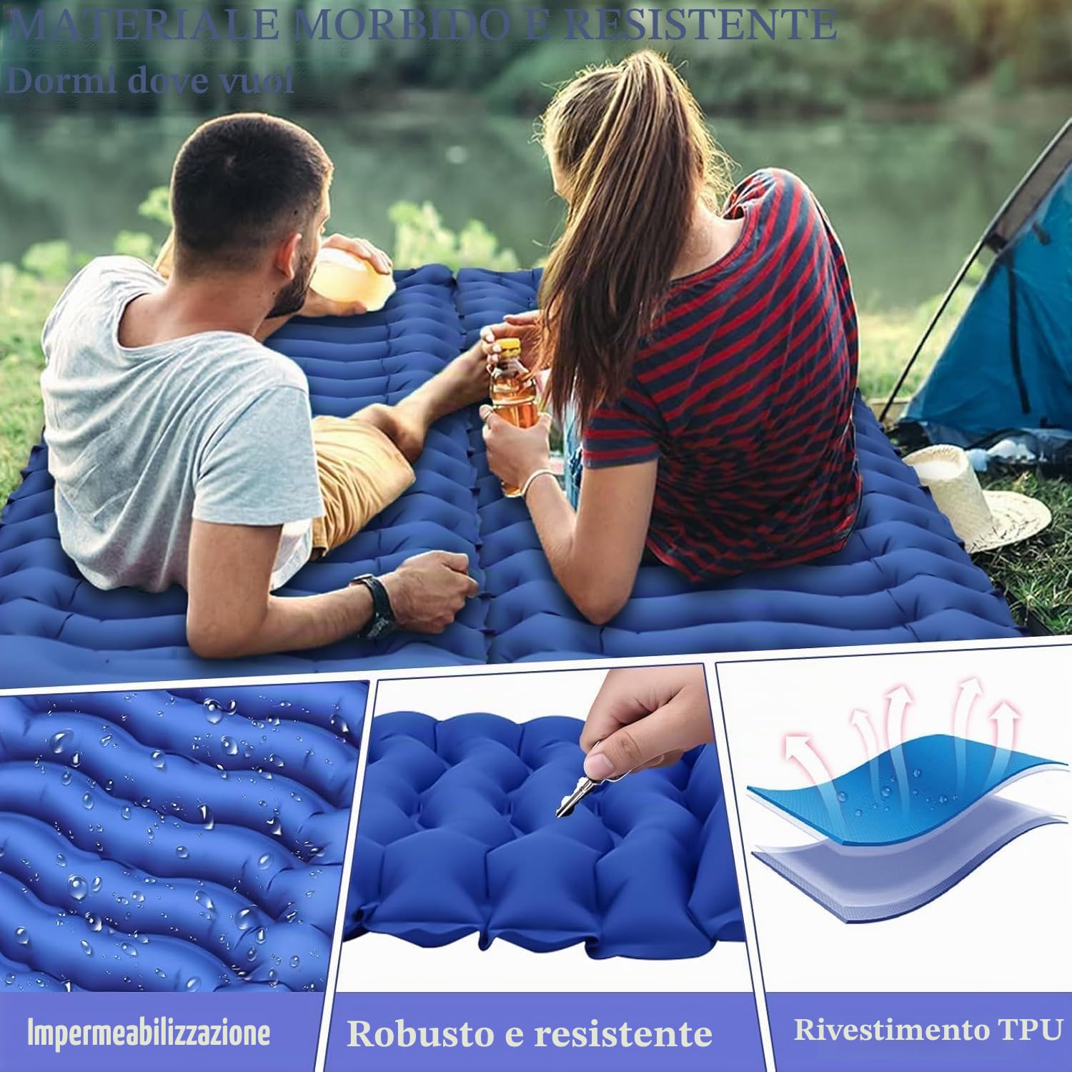 Materassino da Campeggio, Autogonfiante Materasso Ultraleggero & Impermeabile, con Cuscino, Design 3D Ergonomico, Materasso Gonfiabile Singolo per Campeggio, Trekking, Escursionismo e Tenda