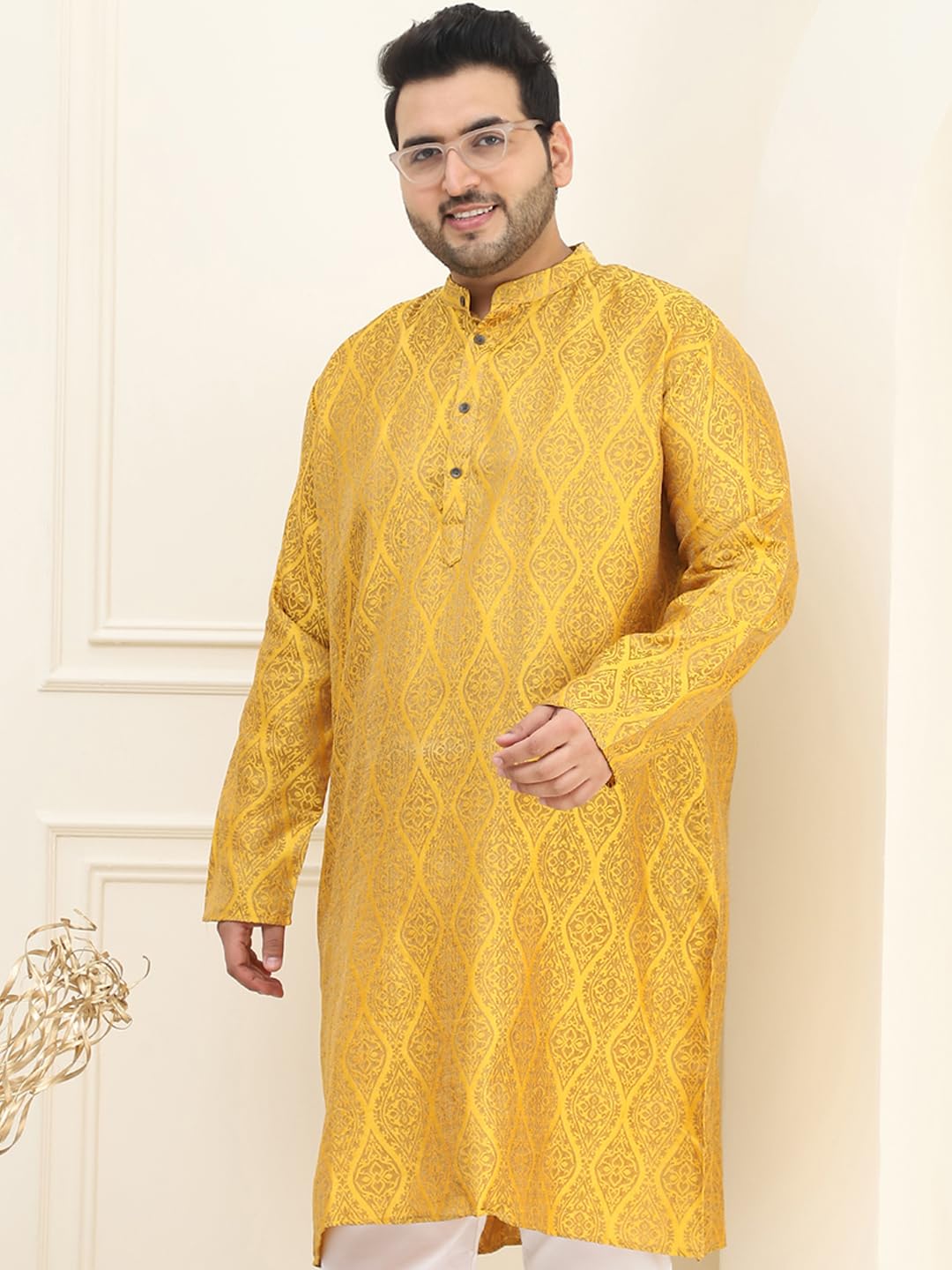 Sojanya Plus (Since 1958) Men's Jacquard Silk Mustard & Gold Only Long Kurta