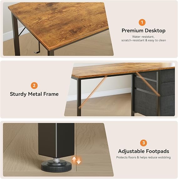 Coleshome Computer Desk with Drawers, 120cm Office Desk with Storage, Brown | Reversible Study Desk with Headphone Hook, Work Desk for Home Office, PC Desk for Gamers, Workers and Students