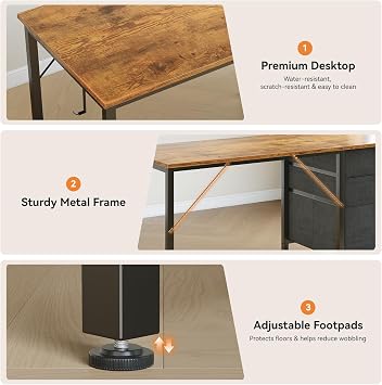 Coleshome Computer Desk with Drawers, 120cm Office Desk with Storage, Brown | Reversible Study Desk with Headphone Hook, Work Desk for Home Office, PC Desk for Gamers, Workers and Students
