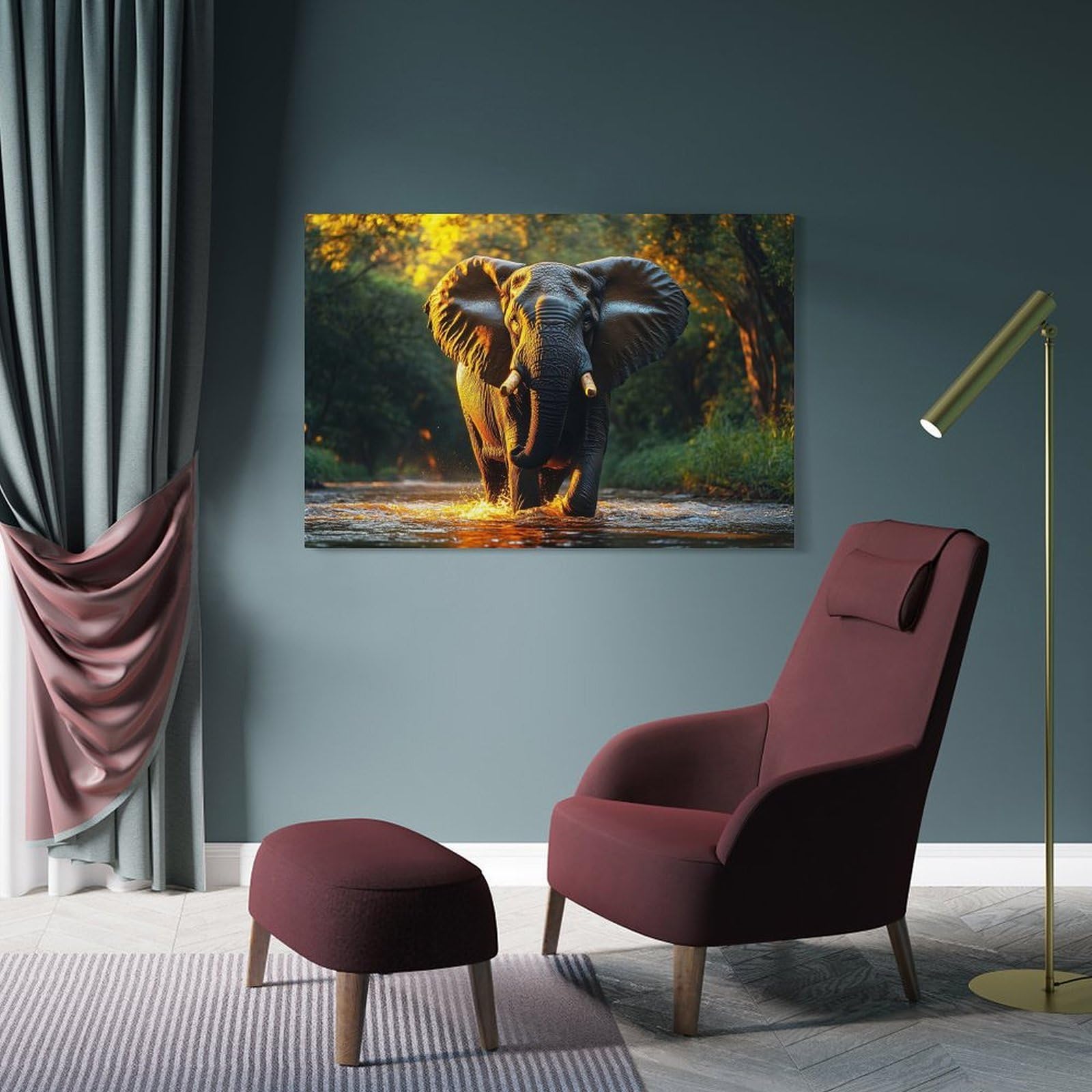Junmoney Decorative Canvas Print Elephant Wading through River at Sunset, 20x30inch(50x75cm), for Study, Office Or Apartment Decor, Gift Idea for Housewarming And Birthdays