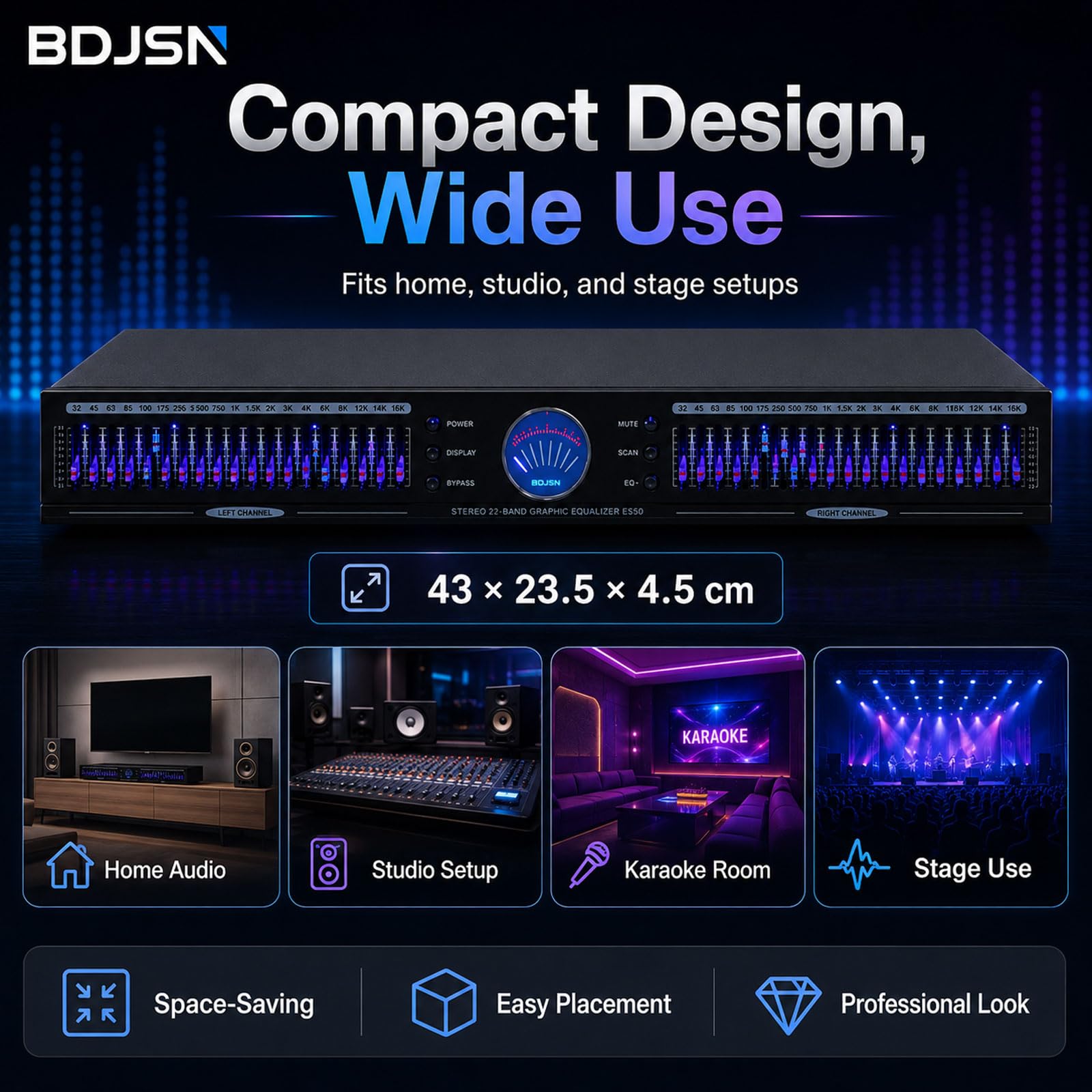 Zweikanaliger 22-Band-Stereo-Grafik-Equalizer, ±12 Db Audio-eq Mit Led-pegelanzeige, 10 Voreingestellte Modi, Rauschunterdrückung, Bass-, Mitten- Und Höhenregler Für Heimkino, Karaoke