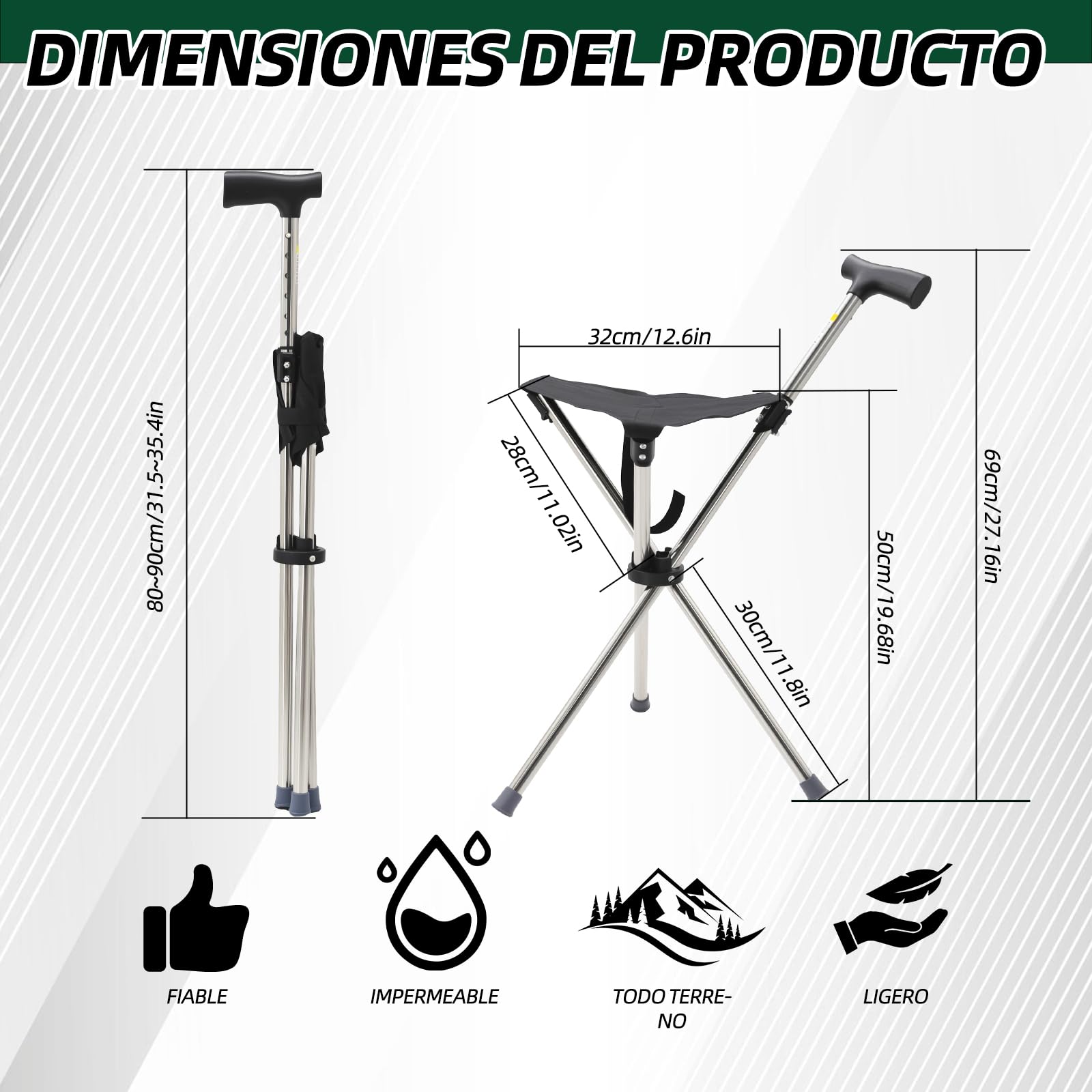 Bastón con soporte, 80 – 90 cm, plegable y altura regulable, base de silicona antideslizante, soporta hasta 150 kg, para personas mayores de 140 – 190 cm (negro)