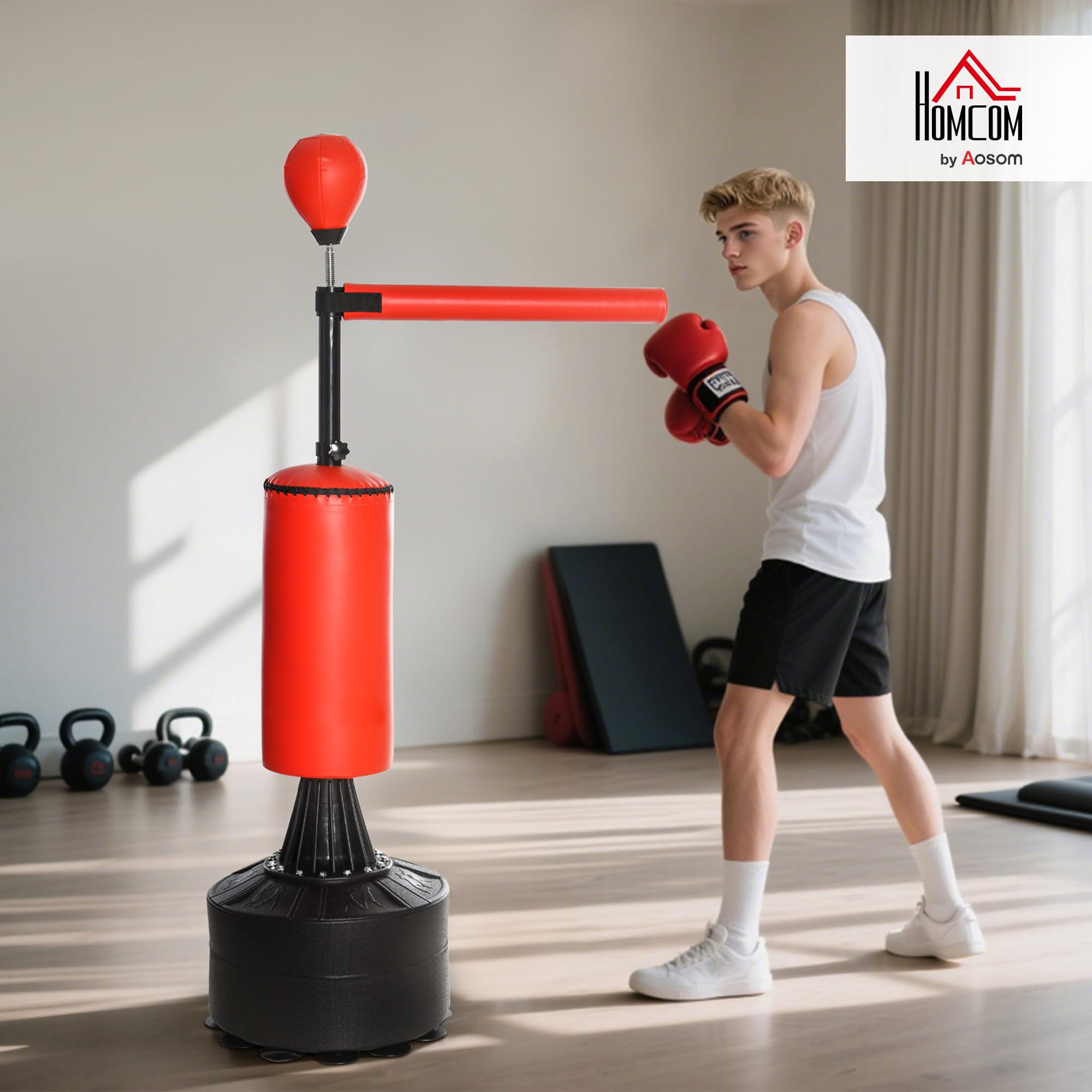 HOMCOM Sacco da Boxe ad Altezza Regolabile con Punching Ball, Base Riempibile e Asta Rotante, Sacco da Terra in PU, EPE e HDPE, 88x48x155-205 cm, Rosso e Nero