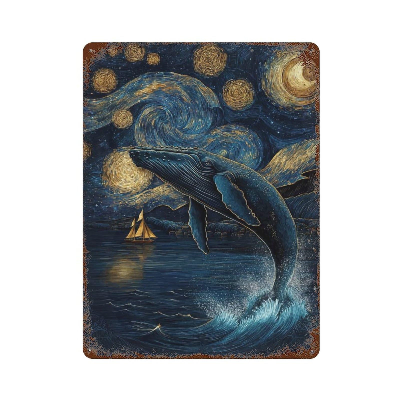 Distressed Metal Wall Sign Whale Under Starry Night 15.7"x11.8", Vintage Wall Decor for Garage, Bar And Workshop Decor