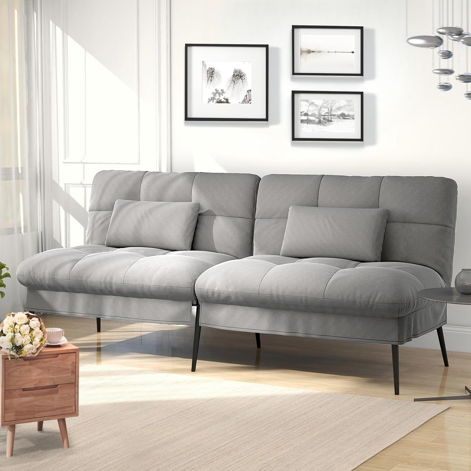 COMHOMA canapé Convertible en Peluche, canape 3 Places, Style Moderne, pour Salon, Appartement, Petit Espace,Pieds en métal 174 * 51 * 72cm, Gris