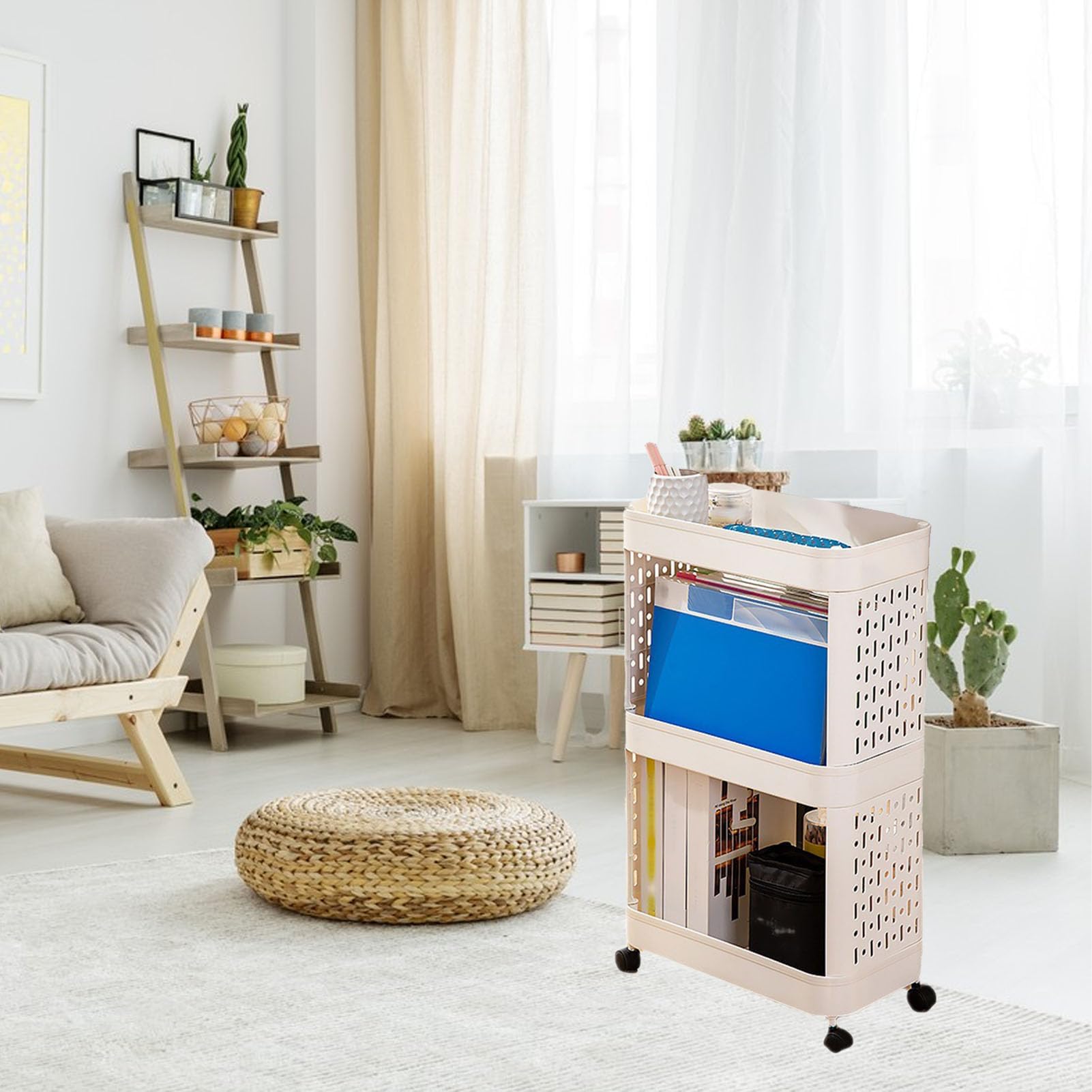 Scaffale per libri mobile in plastica con ruote, carrello portaoggetti sottile con rotelle a 2/3/4 livelli Carrello per libreria mobile per stoccaggio, aula, cucina, 3 livelli
