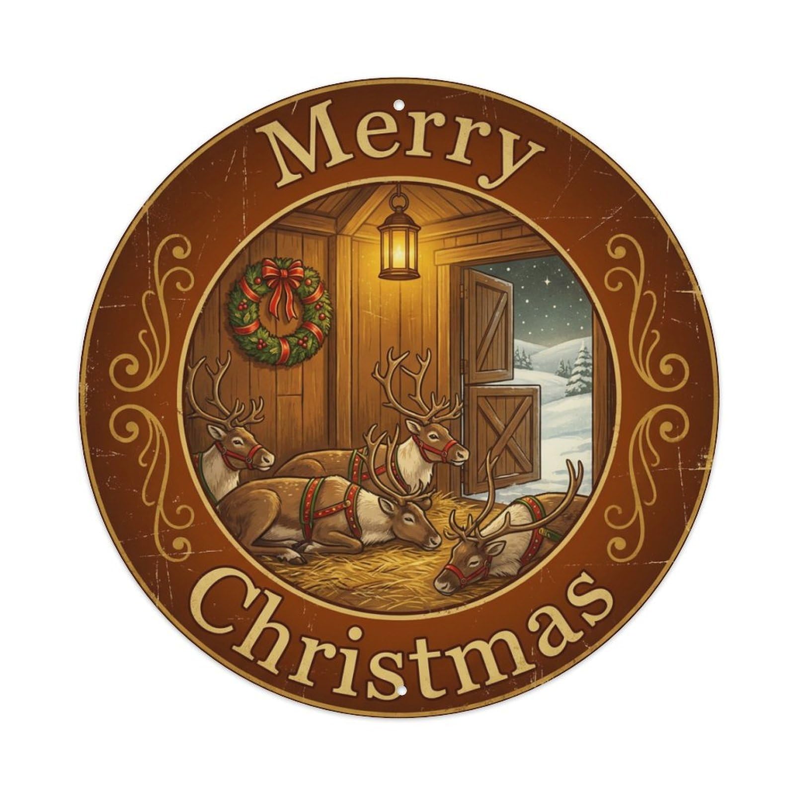 Merry Christmas Reindeer Stable Cozy Metal Tin Sign
