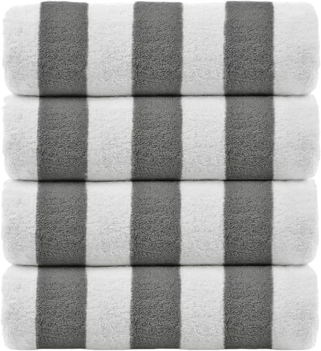 Turkish Linens Premium Quality Cotton Cabana Thick Stripe Pool Beach Towels 4-Pack (Gray,30X60 Inch)-Gray
