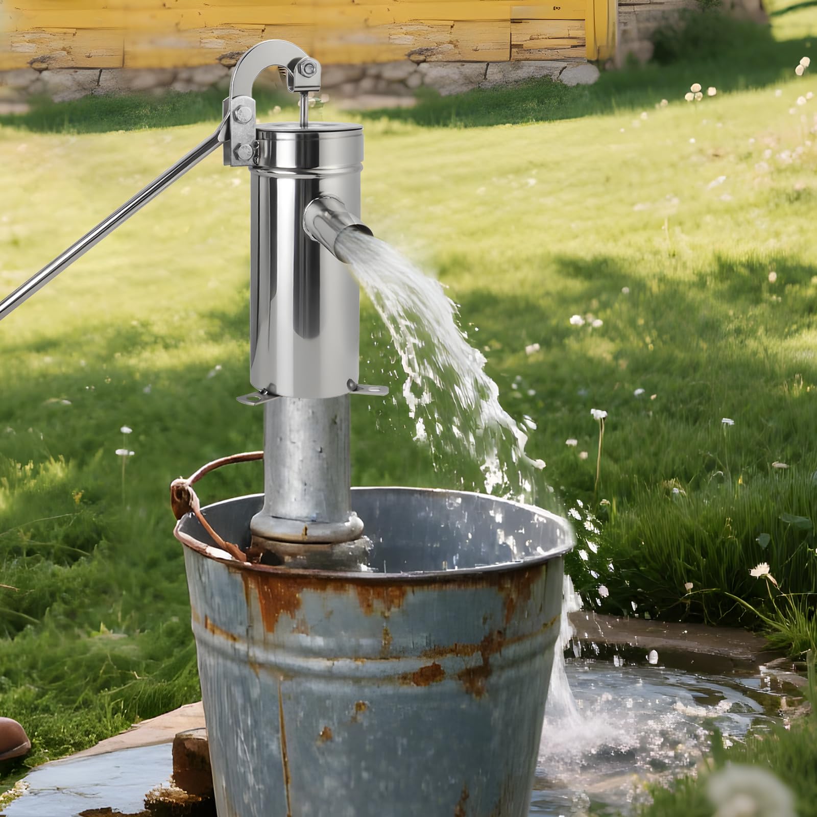 Pompa a braccio manuale moderna in acciaio inox, per giardino, acque sotterranee fino a 10 m, colore: argento